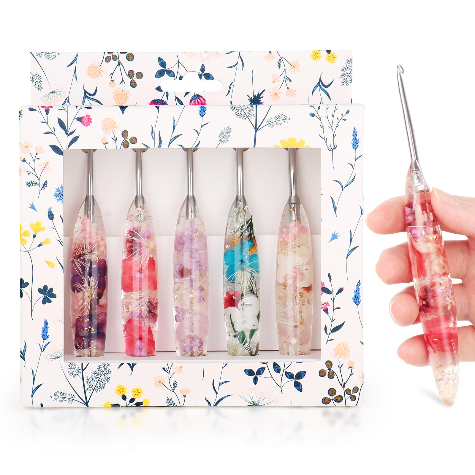 Reessy Juego de 5 ganchos de ganchillo de resina floral con caja de regalo, 2,5 mm, 3,0 mm, 3,5 mm, 4,0 mm, 4,5 mm, ganchos ergonómicos de acero inoxidable para principiantes, agujas de ganchillo