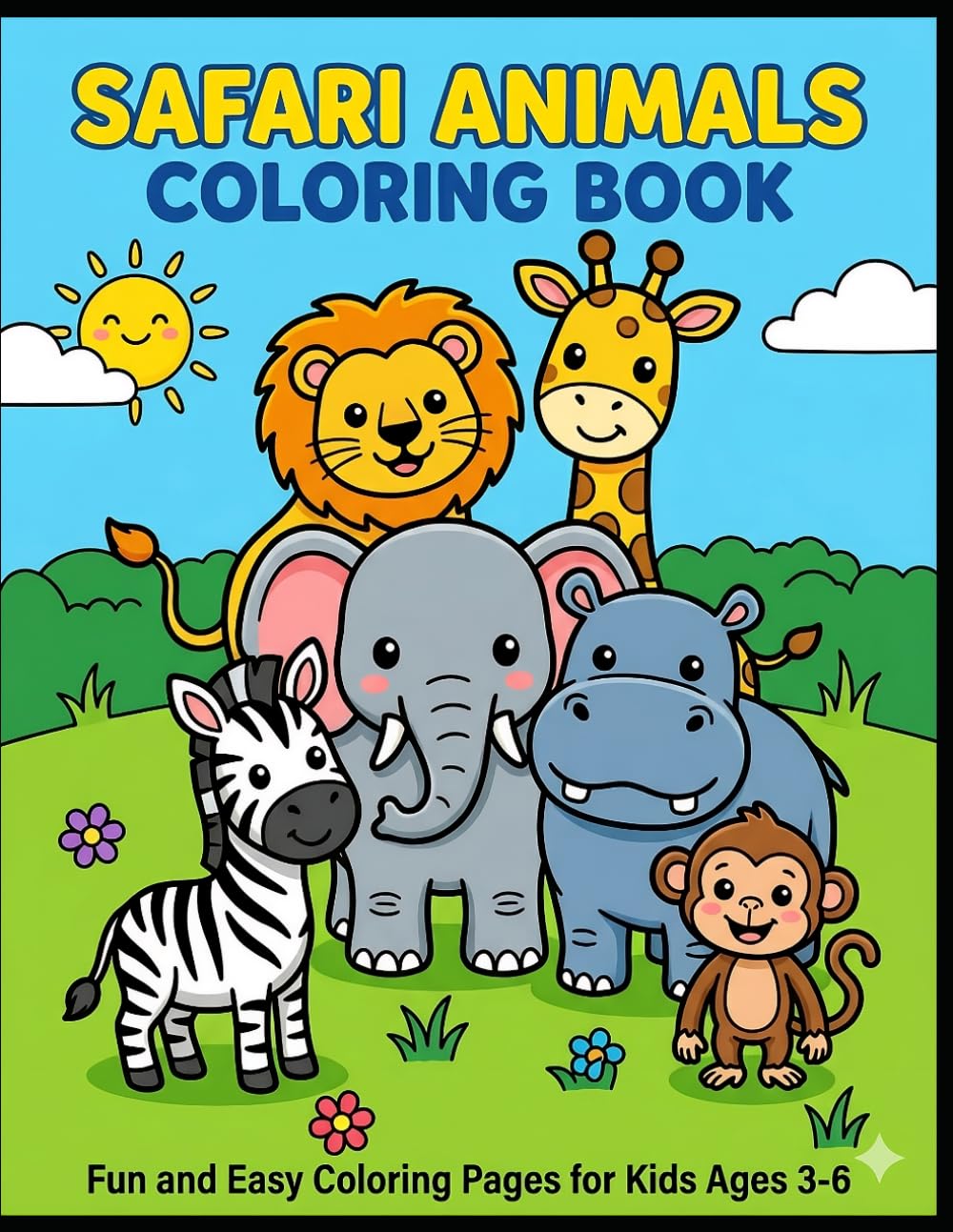 Safari Animals Coloring Book for Kids Ages 3–6: Fun and Easy Coloring Pages Featuring Lions, Elephants, Giraffes, Zebras, Monkeys, Hippos, Pandas, and More Cute Safari Animals
