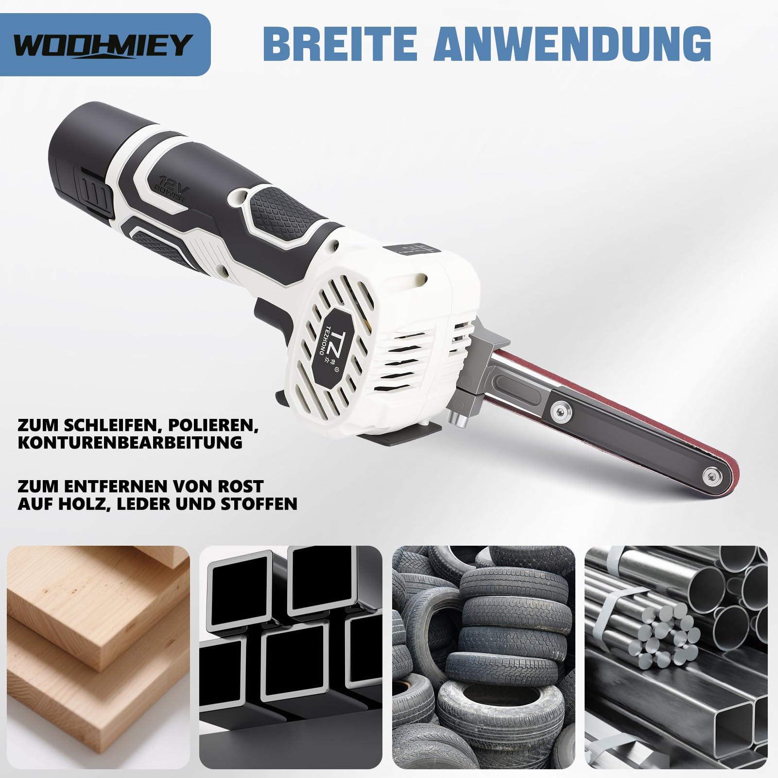Akku-Bandschleifer, 12 V Lithium-Akku, 7000 U/min, 10 Schleifbänder (80-320 Körnung), Leistungsstarker Motor für Holz, Metall und gebogene Flächen, 2 Stunden Laufzeit, Schnellladung Weiß