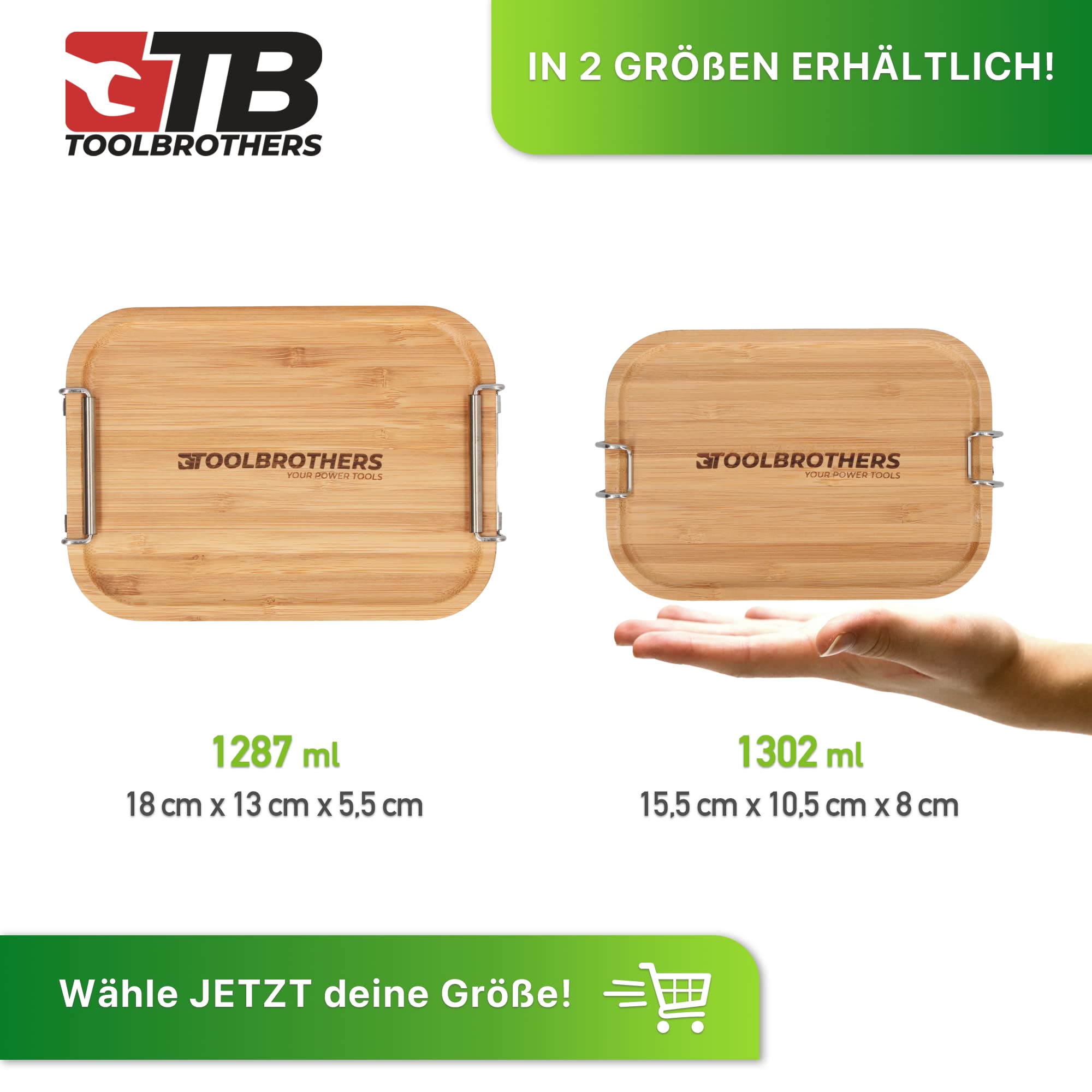 Toolbrothers Fan Lunchpaket mit Edelstahl Brotdose mit Bambus Deckel + Edelstahl Trinkflasche 500 ml + 4 in 1 Multifunktions Besteck + Marken-Kühltasche (Set mit 1340ml in 2 Etagen & Bambusdeckel)