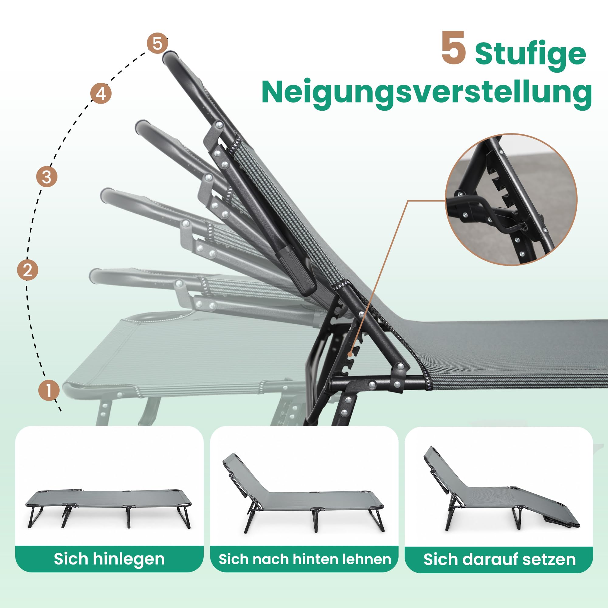 Campingbett Feldbett klappbar 190×68×30 cm, Tragfähigkeit 200 KG, Faltbar Gästebett Klappbett mit Matratze und Kopfstütze für Balkon, Garten, Strand, Büro (Grau)