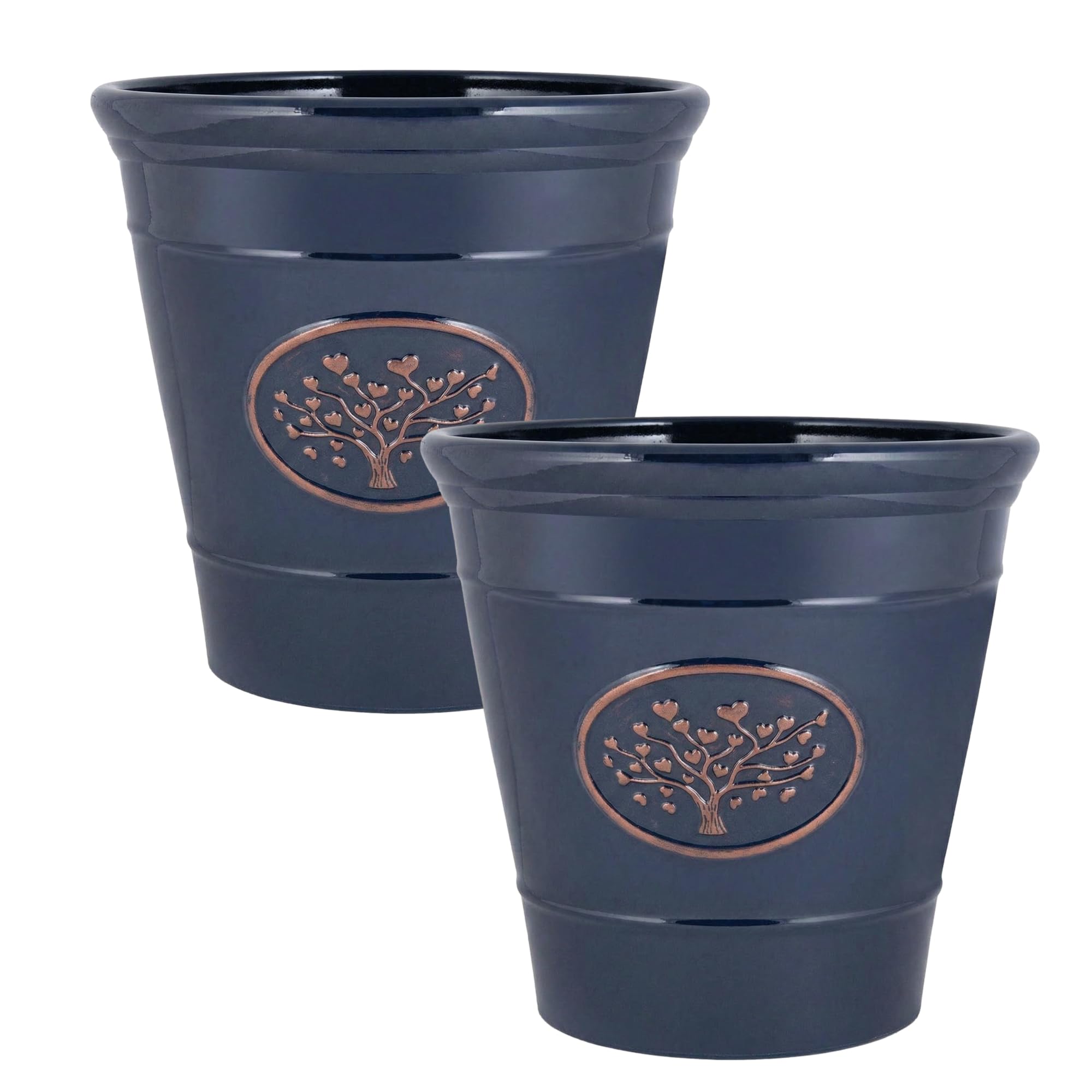 Fyne-Finds Olive Blue Round Plastic 30Cm,12Inch Plant Pot 14Liters Tree Of Life Embossed Garden Planter Weatherproof Drainage Holes (2)