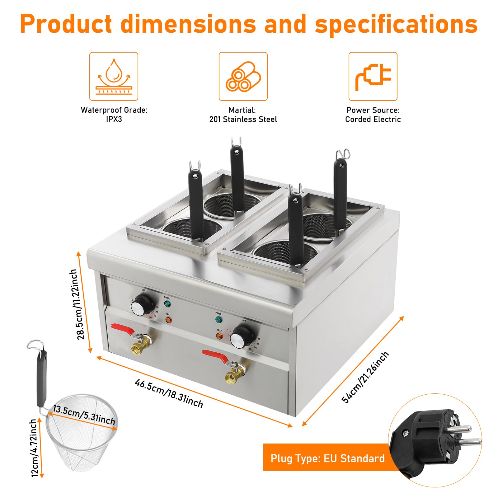 Cuocipasta elettrico a 4 cestini, 2 x 2000 W, in acciaio inox, 2 cuocipasta da 9 l, intervallo di temperatura 30-110 °C, pentola per pasta con 4 cestini per pasta e 2 coperchi, per cucine, ristoranti
