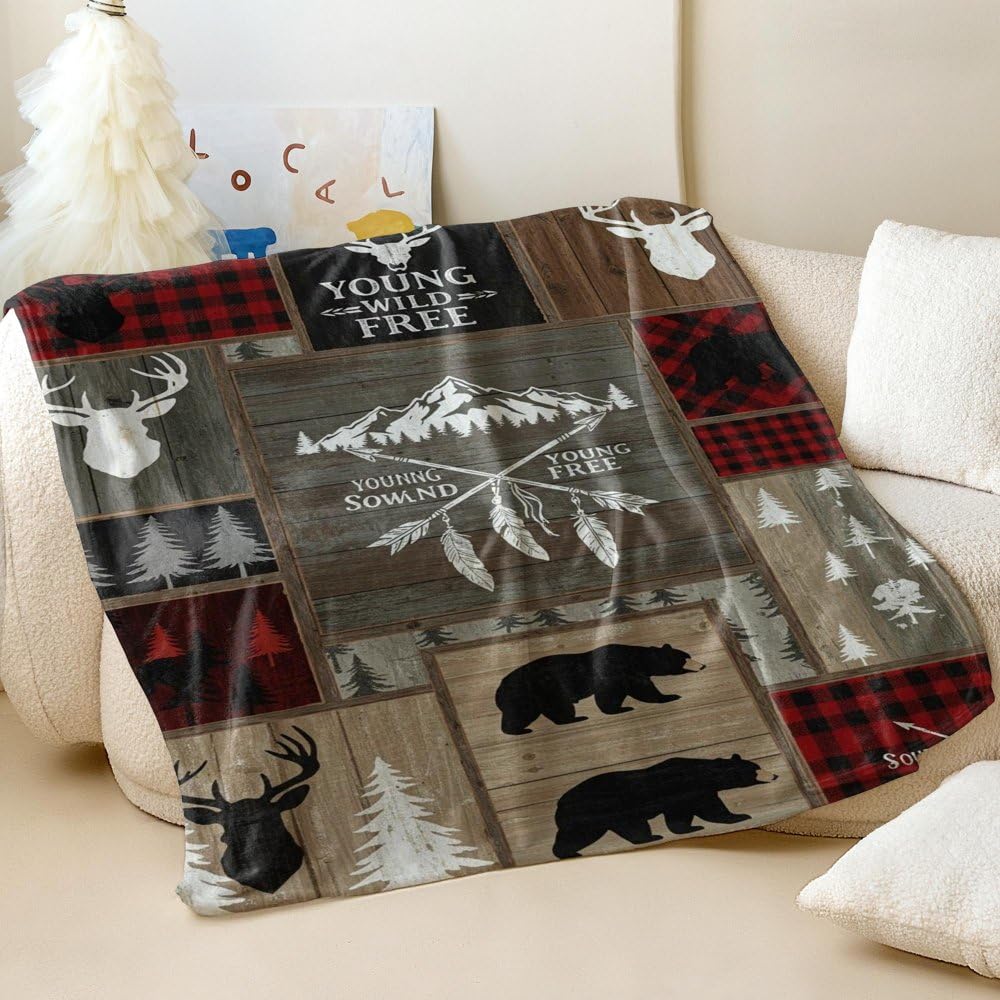 Flanelldecke, kariert, Wildnis, bedruckt, warmes Vintage-Tier-Design, Überwurfdecke für Sofa und Bett, gemütliche Decke für Zuhause und Outdoor-Camping (02 x 200 cm)