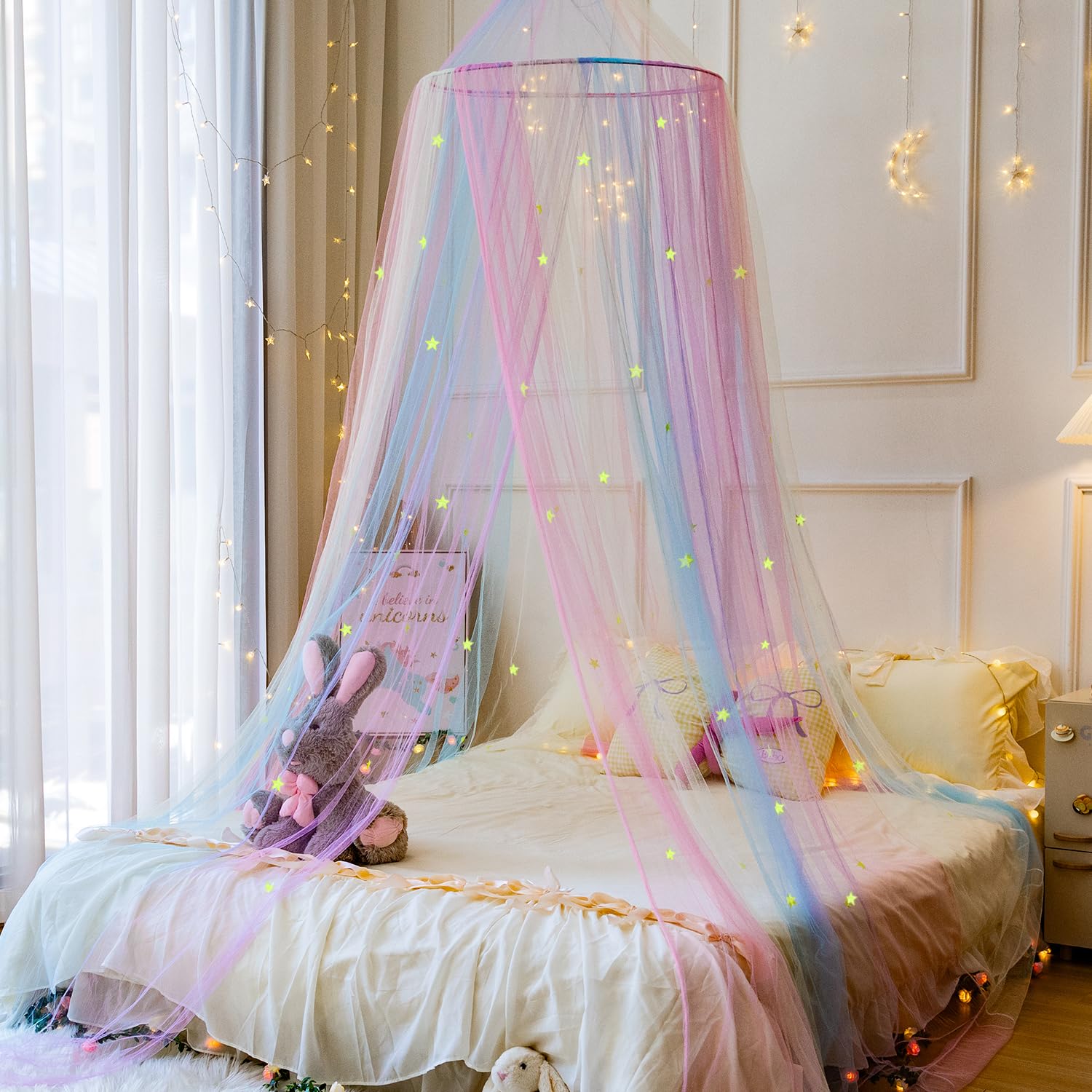 Wnqou Rainbow Bed Canopy for Girls,X-Large Princess Canopy Hanging Netting Bedroom Decor for Girls Mosquito Net for Baby Crib Twin to King Size Bed (Stars-Rainbow) - Image 4