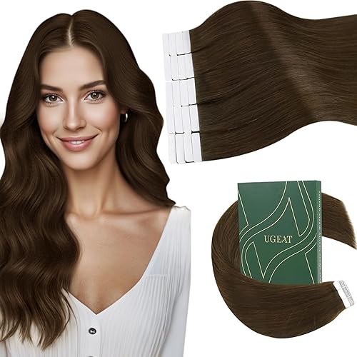 Ugeat Brown Tape in Hair Extensions Real Human Hair 24 Inch Chocolate Brown Tape in Hair Extensions for Women Smooth and Silky Add Length 20Pcs 50G