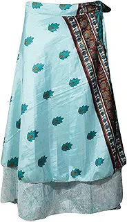 Womens Blue Silk Sari Wrap Skirt 2 Layer Summer Beach Wear Cover Up Magic Sarong Dress OneSize