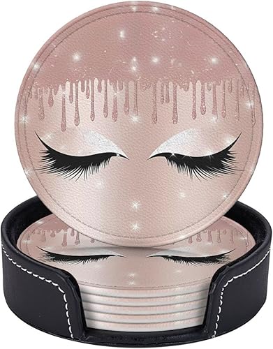 Miniatura 5 de Rose Gold Eyelashes Fashionable Printed Leather Coaster Set,A Set of 6 Pieces,4 Inches in Diameter,Adding an Artistic Atmosphere to Your Desktop