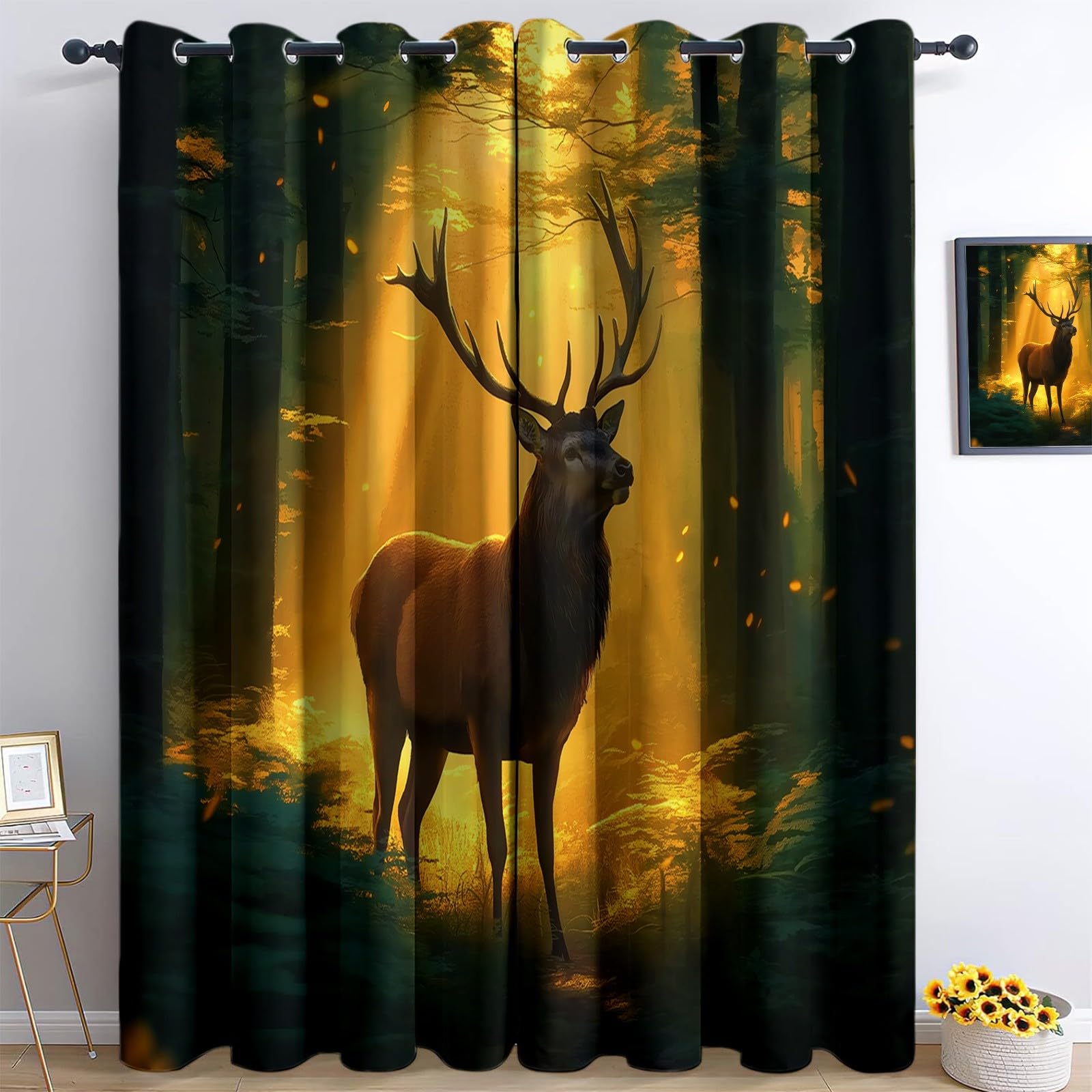 Zestaw 2 termicznych zasłon zaciemniających z poliestru, z oczkami, 280 x 245 cm, złote światło, dźwiękoszczelne, do salonu, sypialni, pokoju dziecięcego, magiczny las