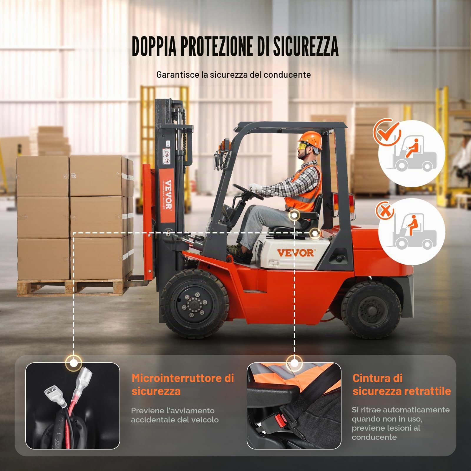 VEVOR Sedile Universale per Carrello Elevatore Sedile Pieghevole per Trattore Coprisedile con Schienale ad Angolo Regolabile Microinterruttore Cintura di Sicurezza Braccioli Fessura Esteso 160-340mm