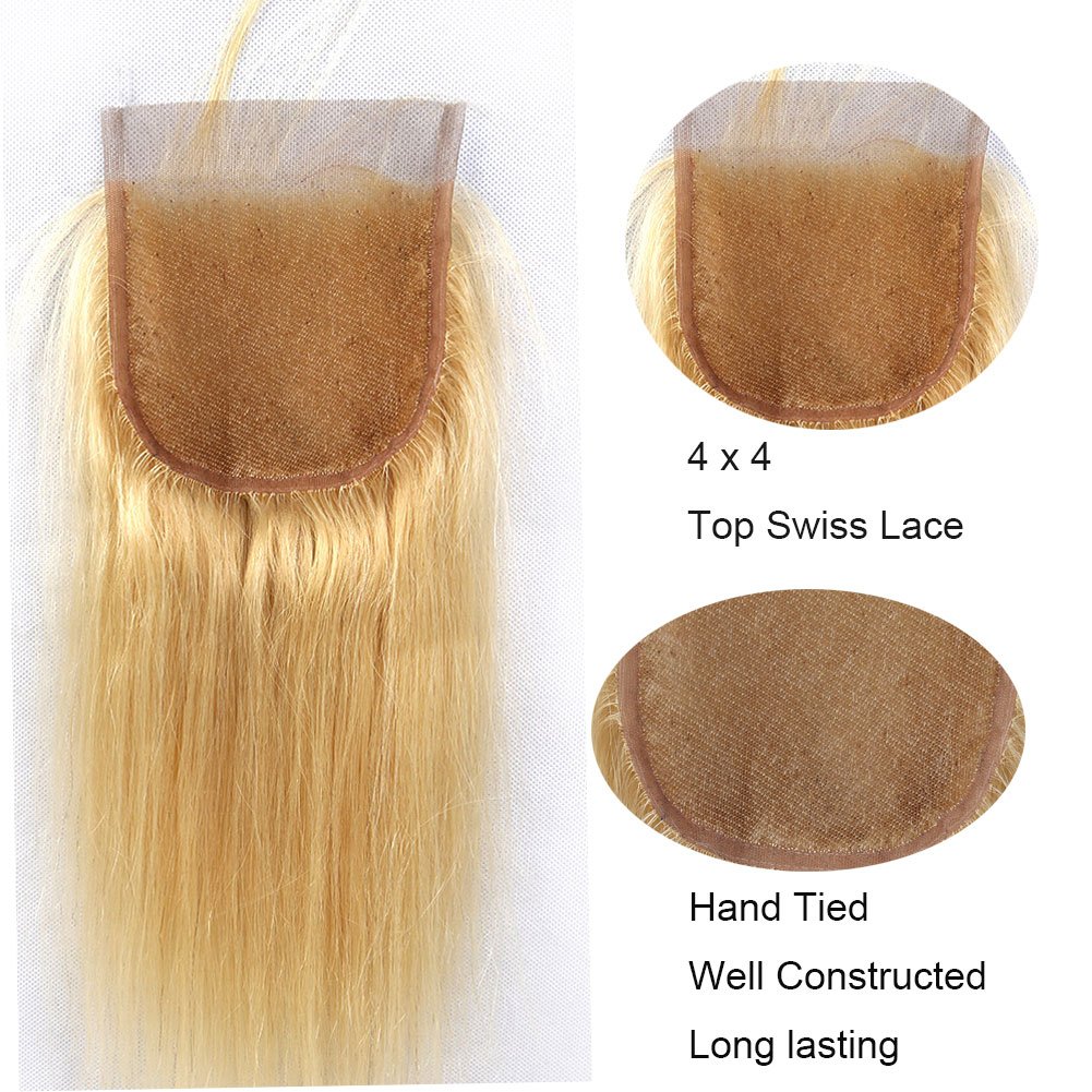 613 Blonde Lace Closure Human Hair Straight Free Part with Baby Hair Brazilian Human Hair Closure 16 inch