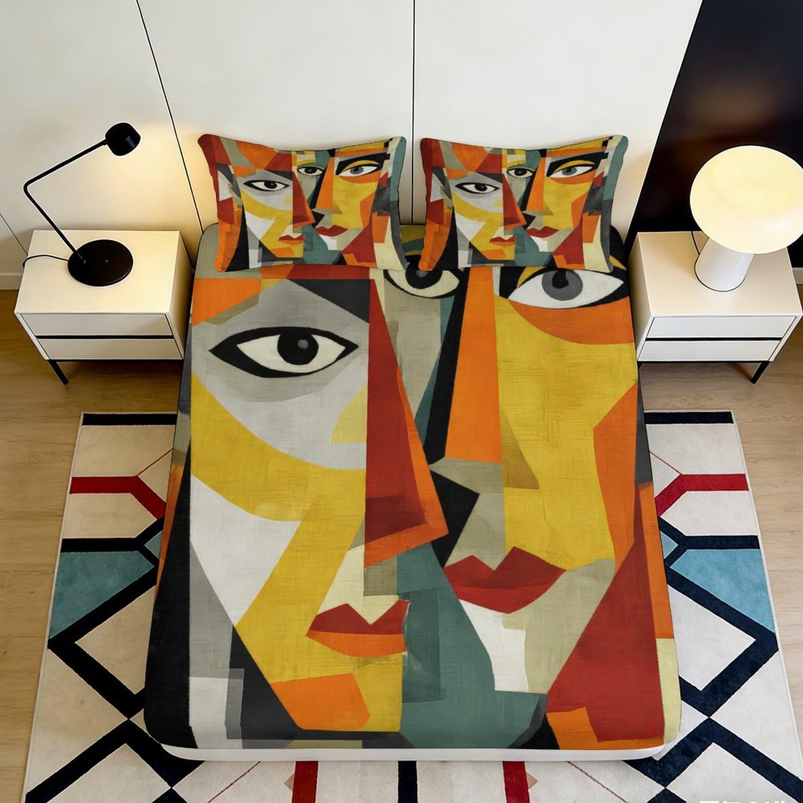 3D Printed Abstract Face Fitted Sheet Microfiber Soft Anti-Slip Art Portrait Bed Cover for Bedroom Dorm Mattress Protection 90x200x25cm