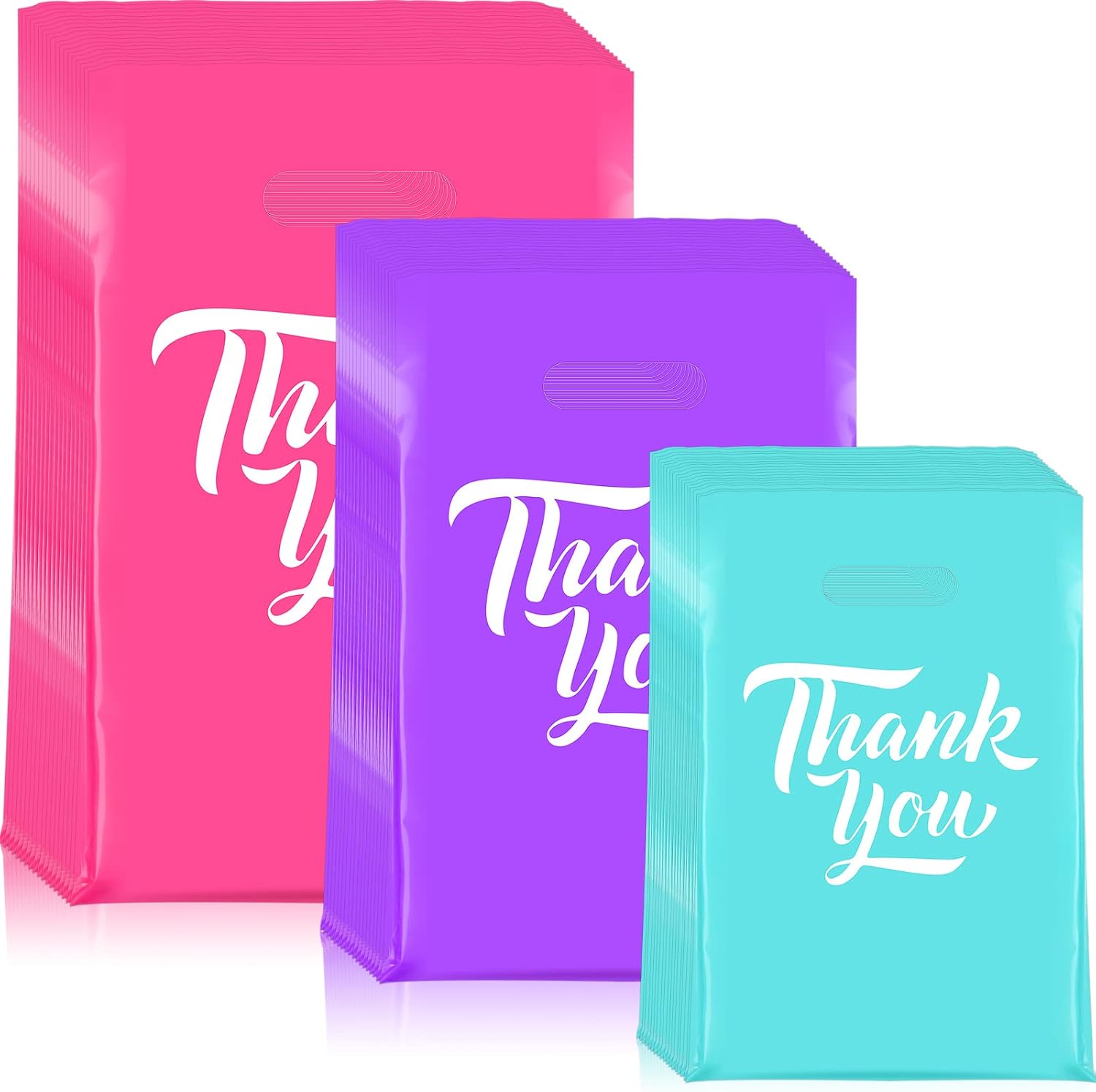 Jeyiour 300 Pcs Thank You Merchandise Bags 3 Size Shopping Bags for Business with Handles Thank You Gift Plastic Boutique Goodie Sacks for Wedding Stores Packaging(Rose Red, Purple, Blue)