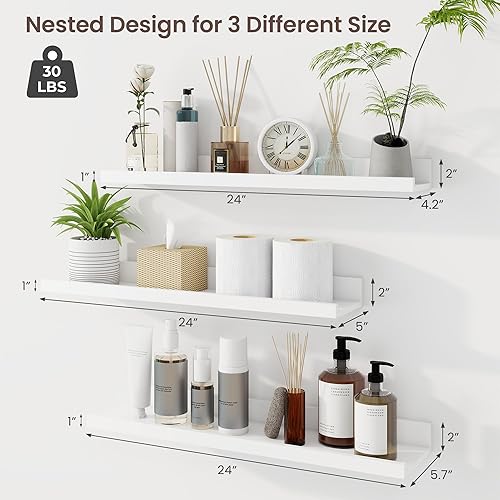 Miniatura 3 de Axeman Estante de repisa para cuadros  Juego de 3 estantes flotantes blancos de 24 pulgadas  Estantes de pared de madera rústica con borde  Estante