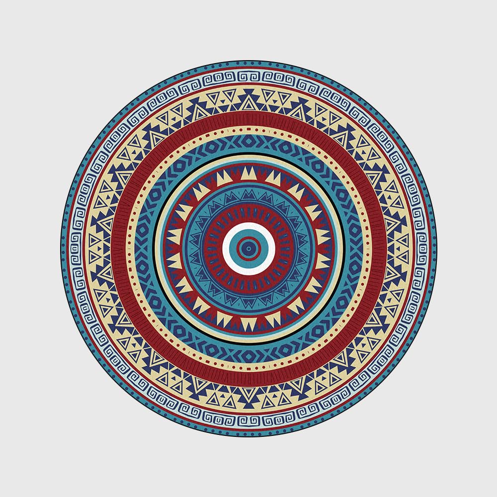Schlafzimmer Waschbarer Teppich Rund ø 200 cm Wohnzimmer Groß Weiche Teppich Anti-Rutsch Unterseite Retro Geometrischer Runder Teppich Rot/Blau