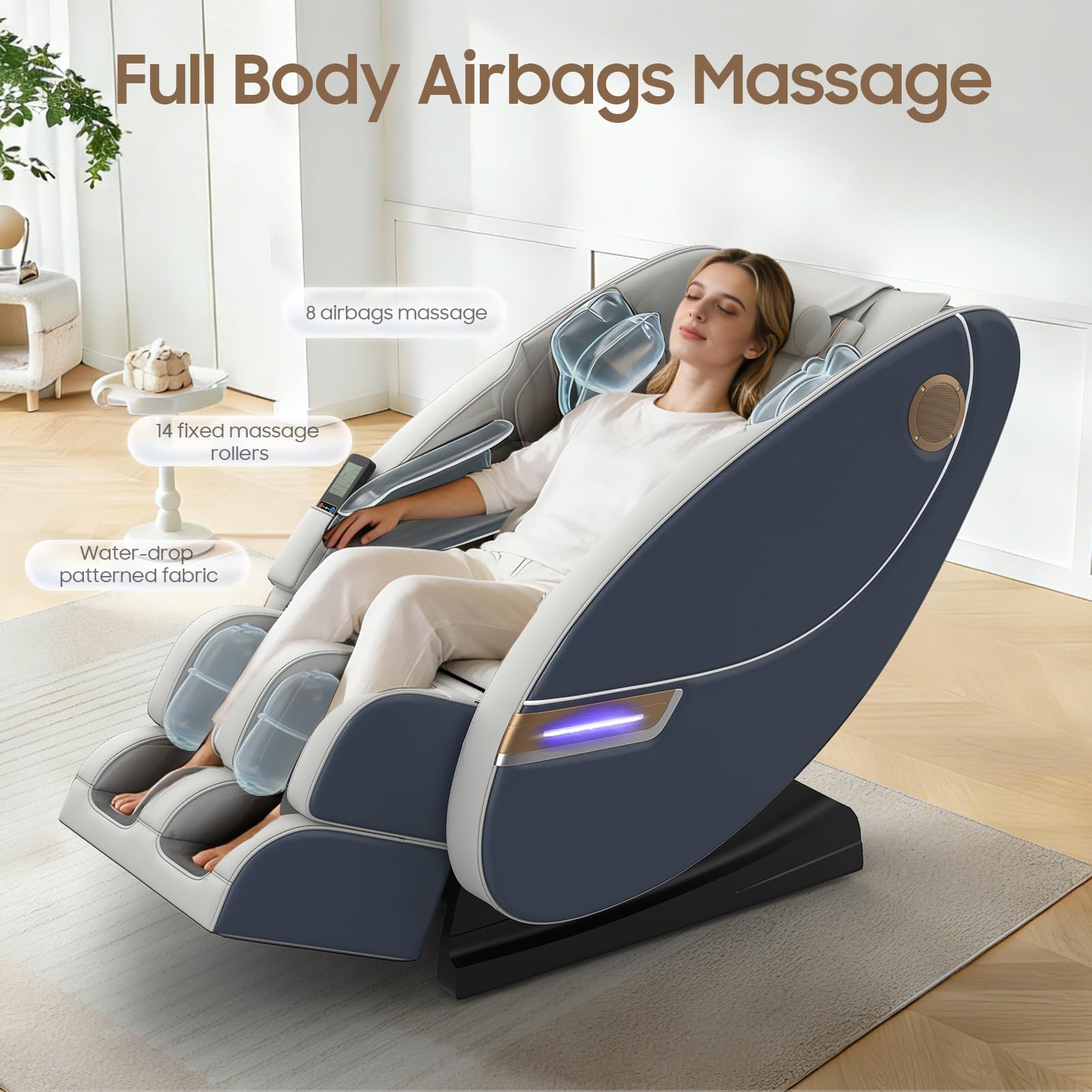 Poltrona massaggiante per tutto il corpo, con 14 punti massaggianti e 8 airbag, riscaldamento lombare e delle gambe, massaggio plantare con rulli, altoparlante Bluetooth, poltrone massaggiant
