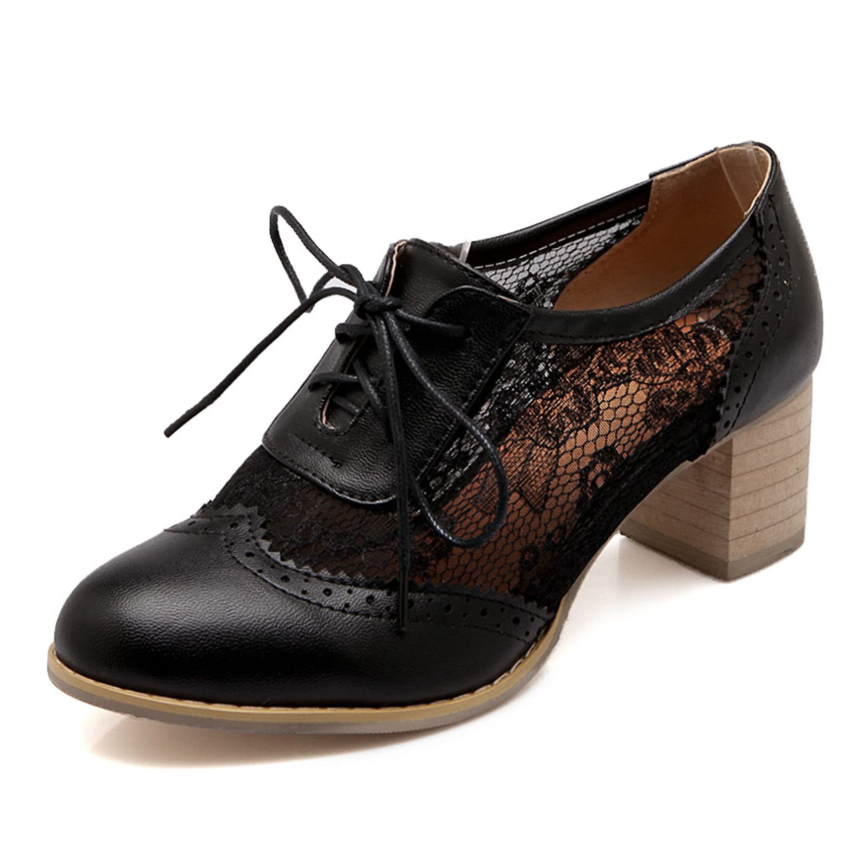 SHEMEE Womens Lace Mesh Stacked Chunky Heel Wingtip Oxfords Round Toe Block Heels Lace-Up Pumps Work Office Dress
