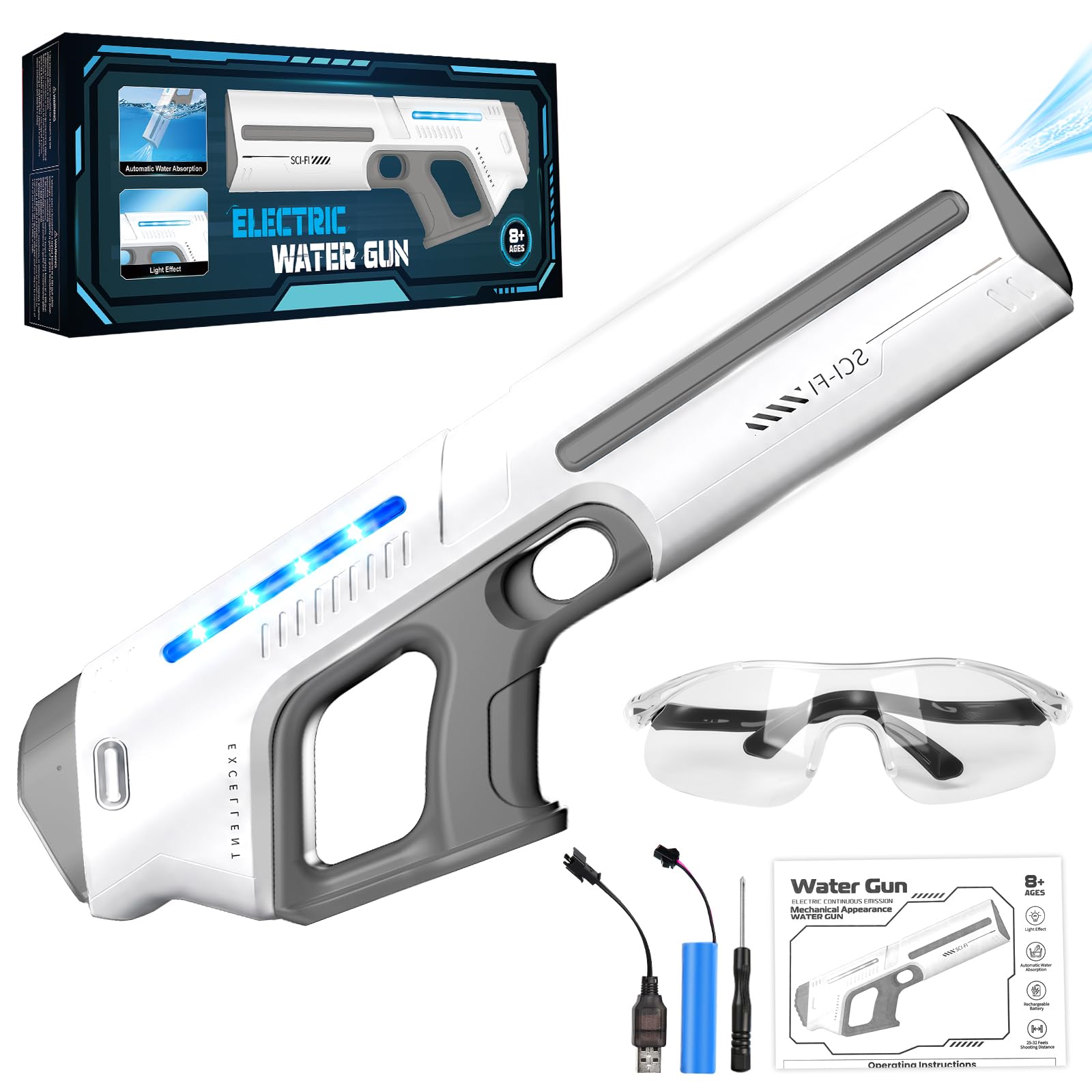 Pistola de Agua Electrica de Alta Potencia, Pistola de Agua Automática Recargable con Luces LED, Gafas Protectoras y Función de Llenado Automático para La Playa en Verano (Blanco)