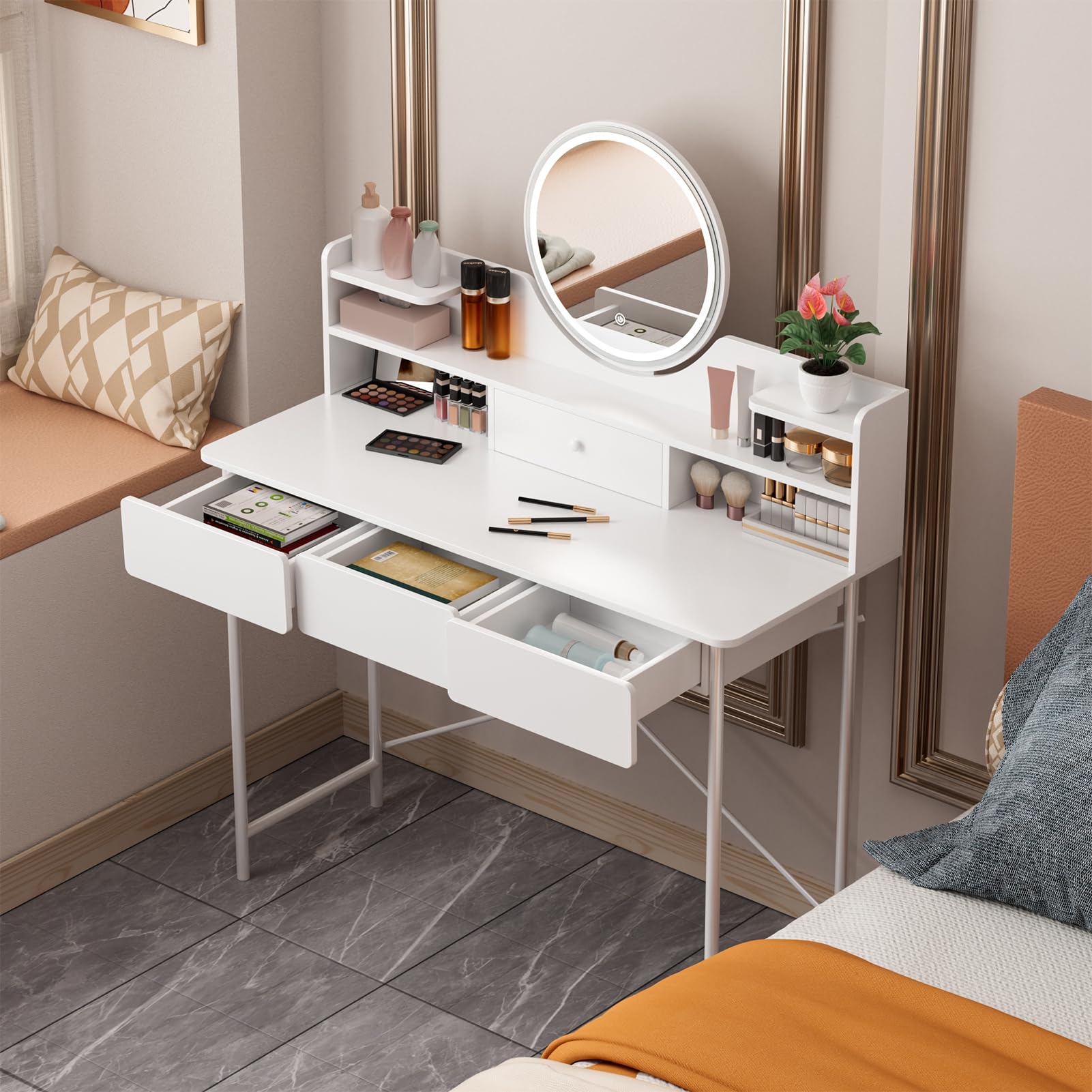 Cadciehe White Makeup Vanity Desk With Led Lighted Mirror, Vanity Table With 4 Drawers And Opening Shelves, Bedroom Dressing Table, Vanity Lights For Mirror With 3 Modes Brightness Adjustable