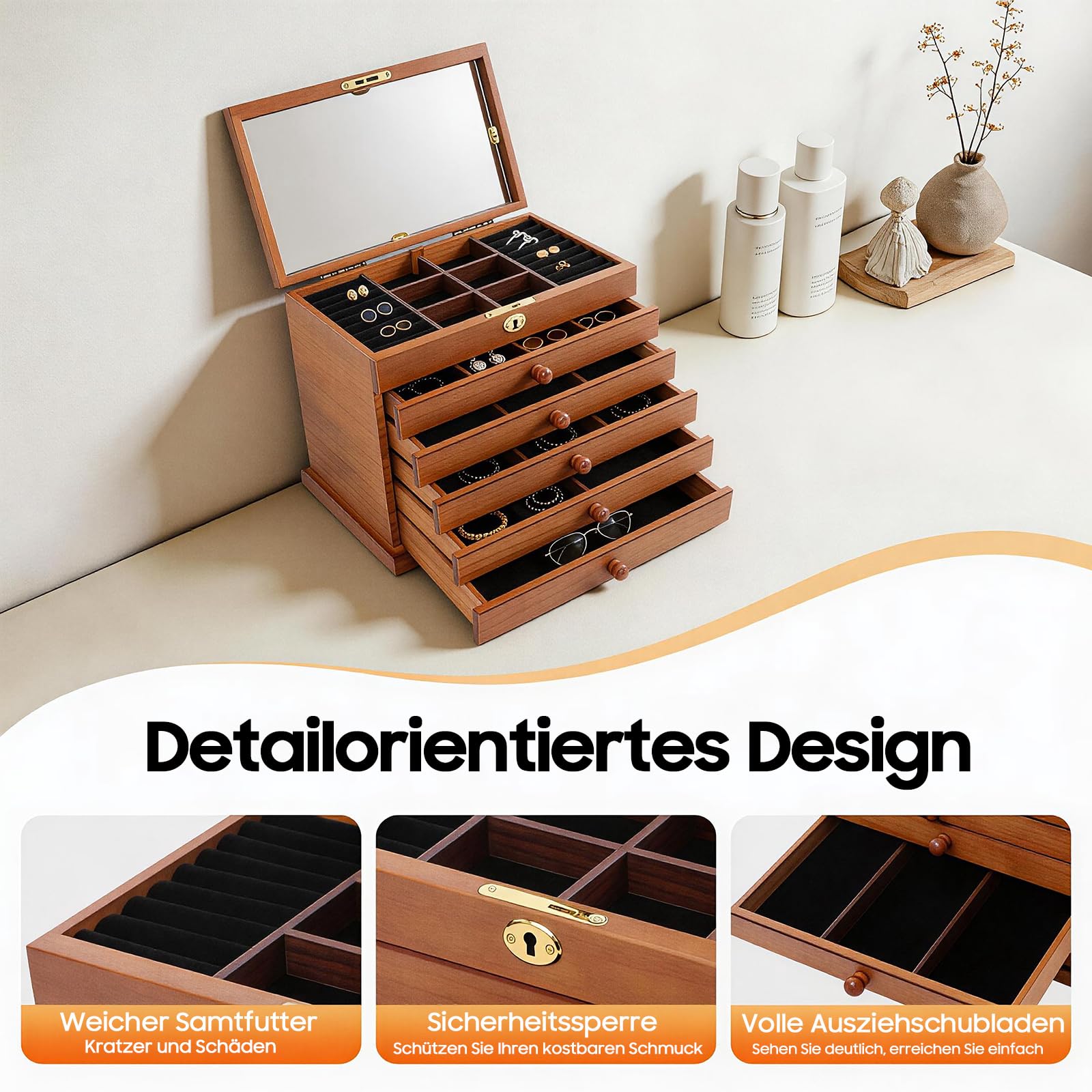 Schmuckkästchen Holz mit 6 Schubladen und Spiegel | Hochwertige Schmuckaufbewahrung, Samt-Innenfutter, Für Ketten, Ohrringe, Ringe und Armbänder