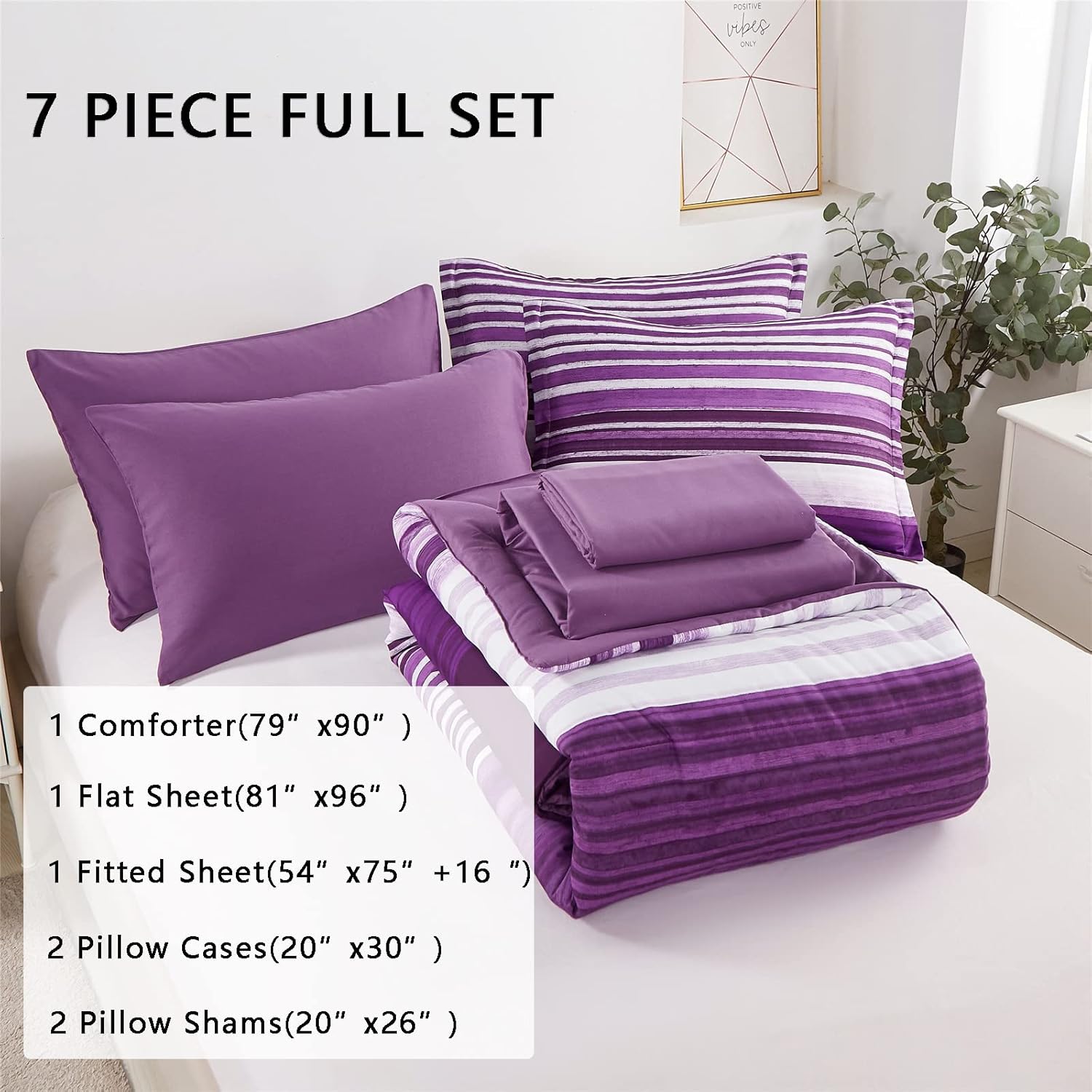 KAKIJUMN 7 Piece Bed in a Bag Stripe Comforter Set Full Size, White and Purple Patchwork Striped Comforter and Sheet Set, All Season Soft Microfiber Complete Bedding Sets(Purple,Full) - Image 2