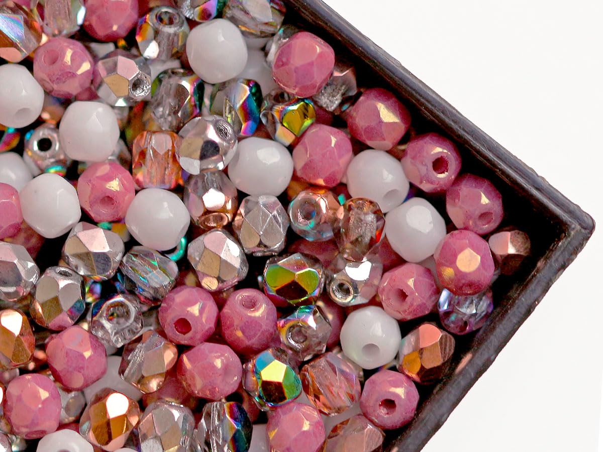 25 g (circa 620 pezzi) miscela di perle di vetro sfaccettate cece, rotonde 3 mm, 5 colori sinfonia magica, vetro ceco (Mix of Faceted Fire Polished Beads