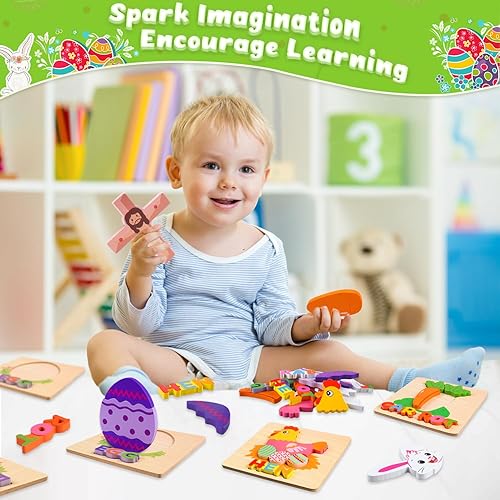 Miniatura 5 de Relleno de cesta de Pascua para niños pequeños de 1, 2, 3 años, rompecabezas de madera para niños pequeños de 1 a 3 años, juguetes Montessori, 5