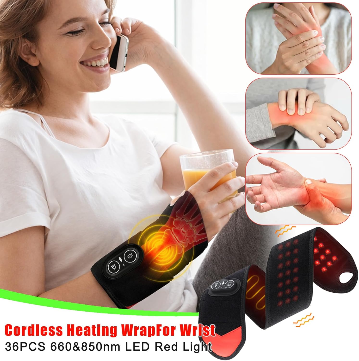 Red Light Therapy for Wrist, Carpal Tunnel Support Device with Heat Vibration, Wrist Massager with 36 LED 660nm/850nm, Cordless Heating Pad Wrap, 3000mAh Rechargeable for Hand Comfort Daily Relaxation