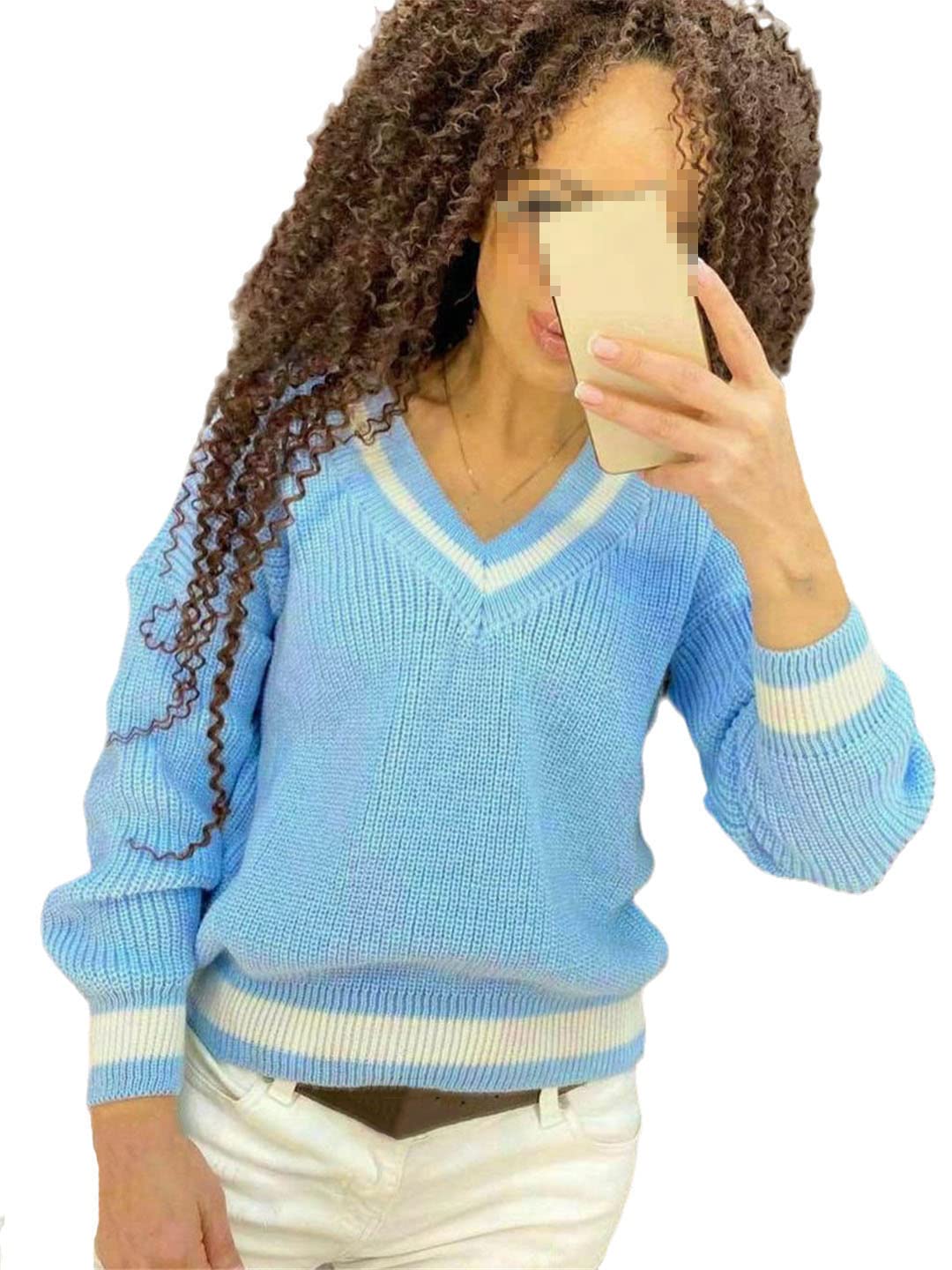 Alloaone V Neck Casual Swetry Damskie Swetry z długim rękawem Damskie Jesień Zima Sweter Dzianina, NIEBIESKI, XL