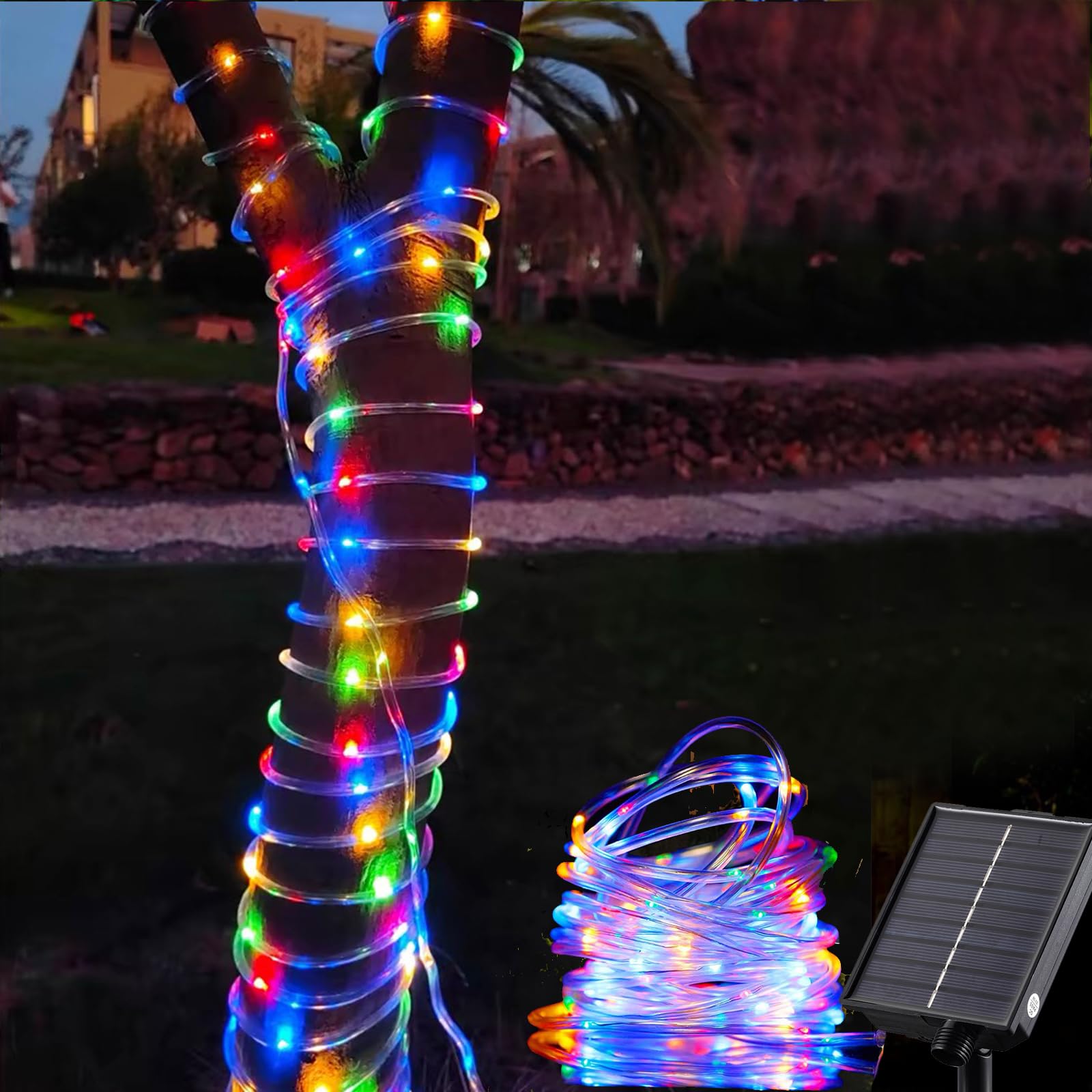 Tacobey Guirnalda Luces de Tubo Exterior Solar, 10m 100 led Cadena de Luces Navidad Solares, 8 Modos, Impermeable, Decoración para Jardín, Terraza, Patio (Multicolor)