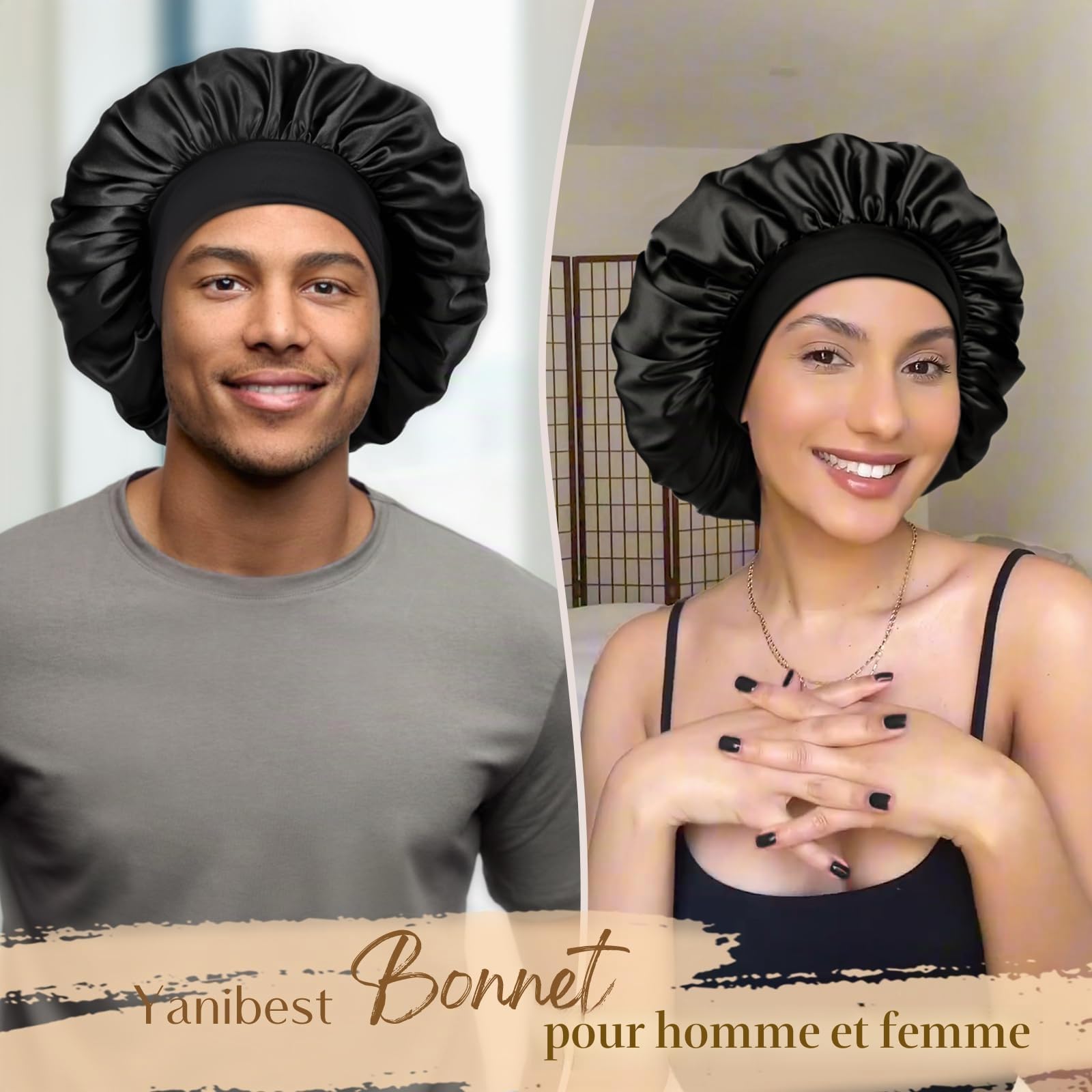 Yanibest Bonnet de sommeil en satin pour hommes et femmes, taille unique, Noir