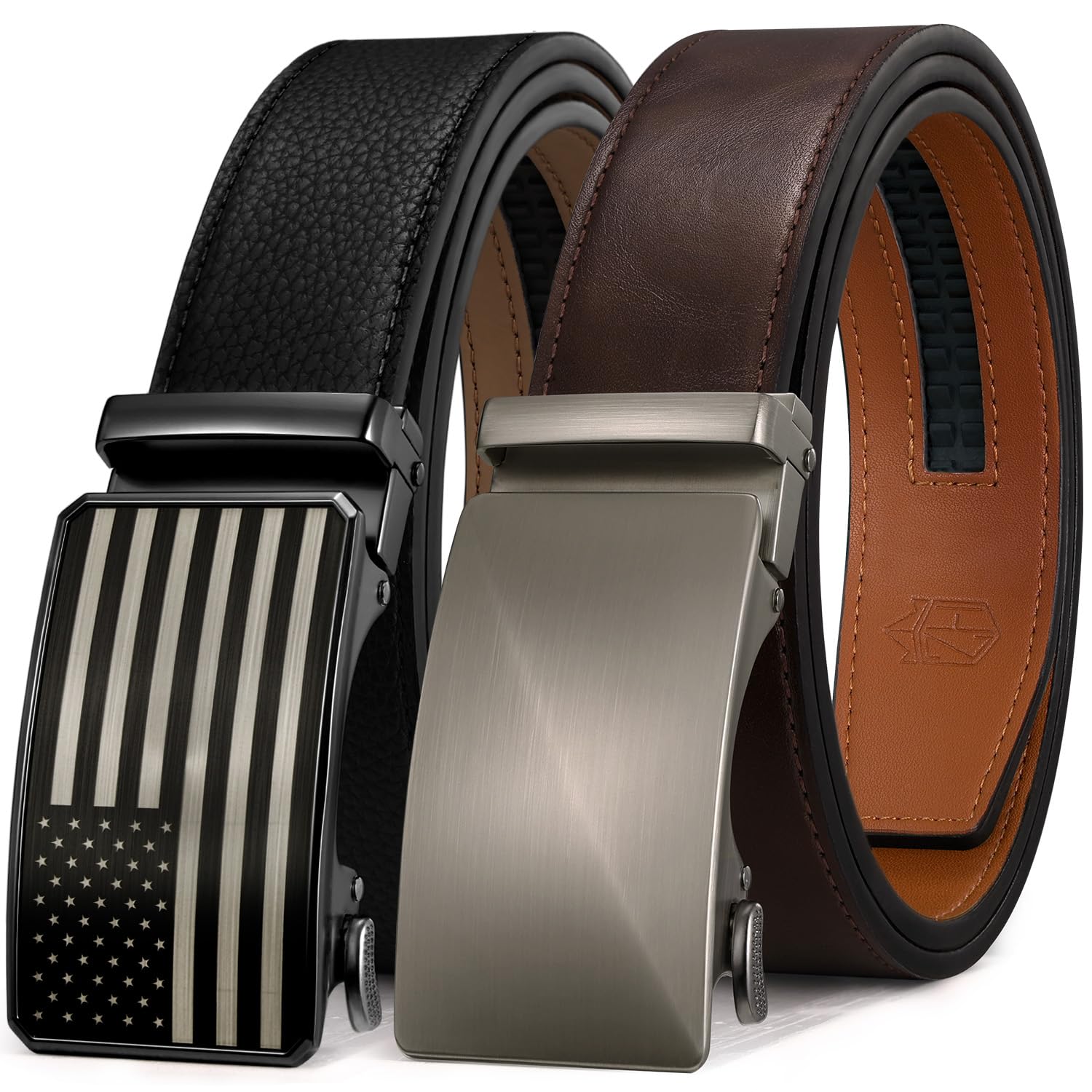 Zitahli Belt Men 2 Pack - Slide Leather Ratchet Belt Adjustable for Mens Gifts 1 3 8-Cut for