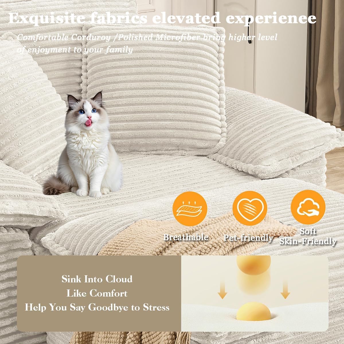 Corduroy Couch Set with Ottoman, Chaise Lounge Chair Indoor, 47" Single Boneless Cloud Sofa Memory Foam Couch Deep Seat with Pillow Cushion for Home, Compact Sofa, No Assembly Required