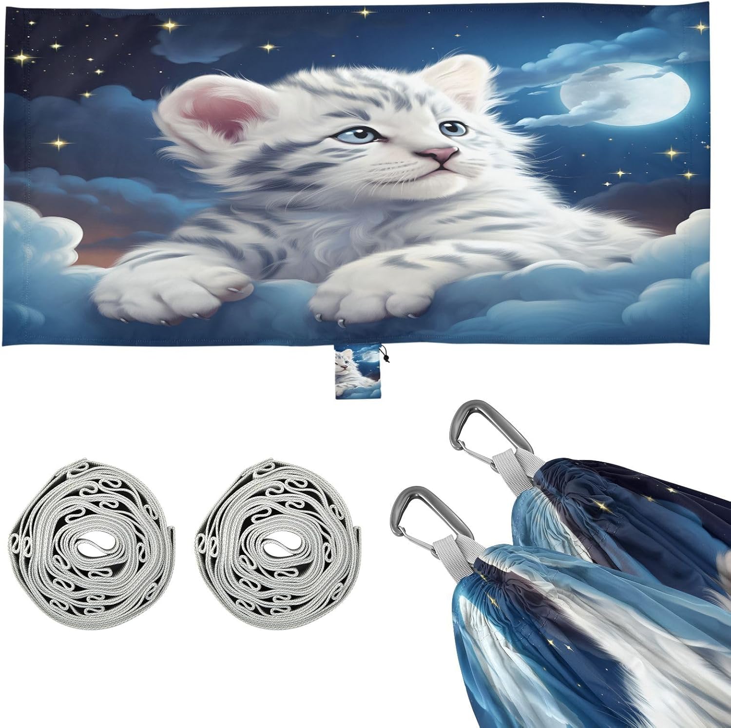 ALAZA Cute White Tiger Baby Camping Hammocks Single or 2 Person 500 lbs Portable Parachute Travel Hammock w/Tree Straps for Hiking Backpacking Indoor Outdoor