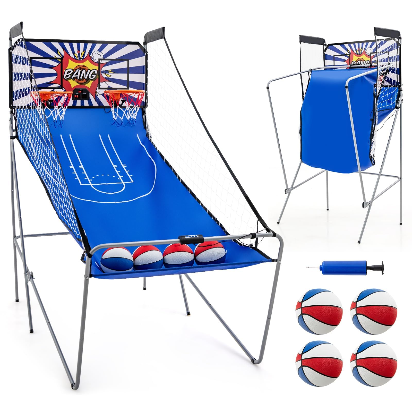COSTWAY Juego de Canastas Plegable Máquina de Baloncesto Juguete Contador y Marcador Electrónico con Soporete Red Cesta de Baloncesto 4 Baloncestos (Azul 2)