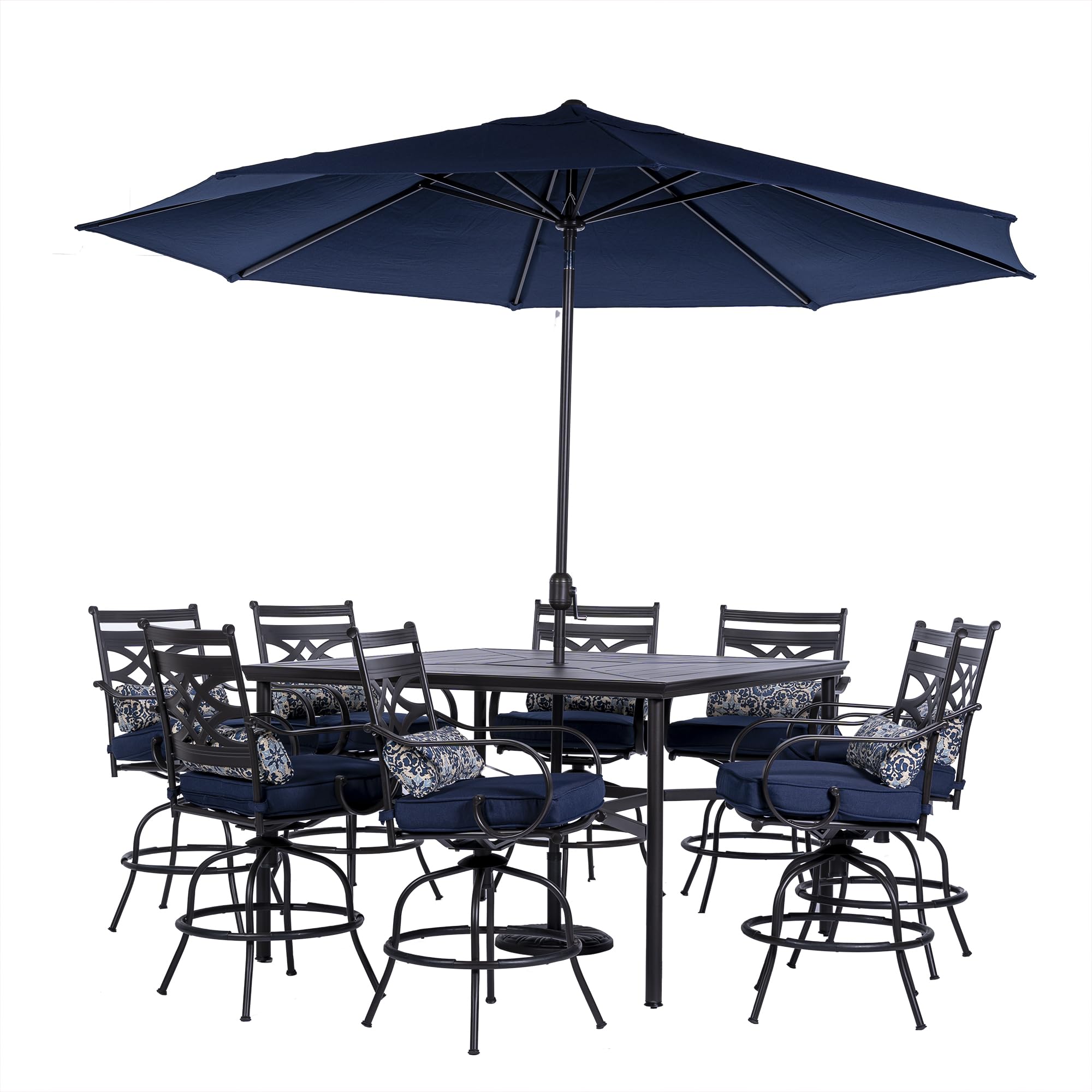 Hanover Montclair 9-Piece All-Weather Outdoor Patio High Dining Set, 8 Swivel Counter-Height Chairs with Comfortable Seat and Lumbar Cushions, 60" Square Stamped Rectangle Table, Navy Blue