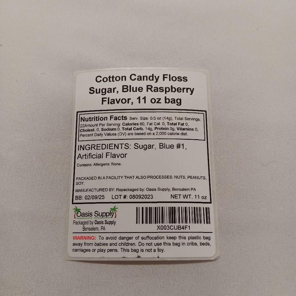 11 oz Pink Vanilla & 11 oz Blue Raspberry Cotton Candy Sugar Floss w/ 50 Plastic Printed Bags - Sugar Floss Cotton Candy Supplies