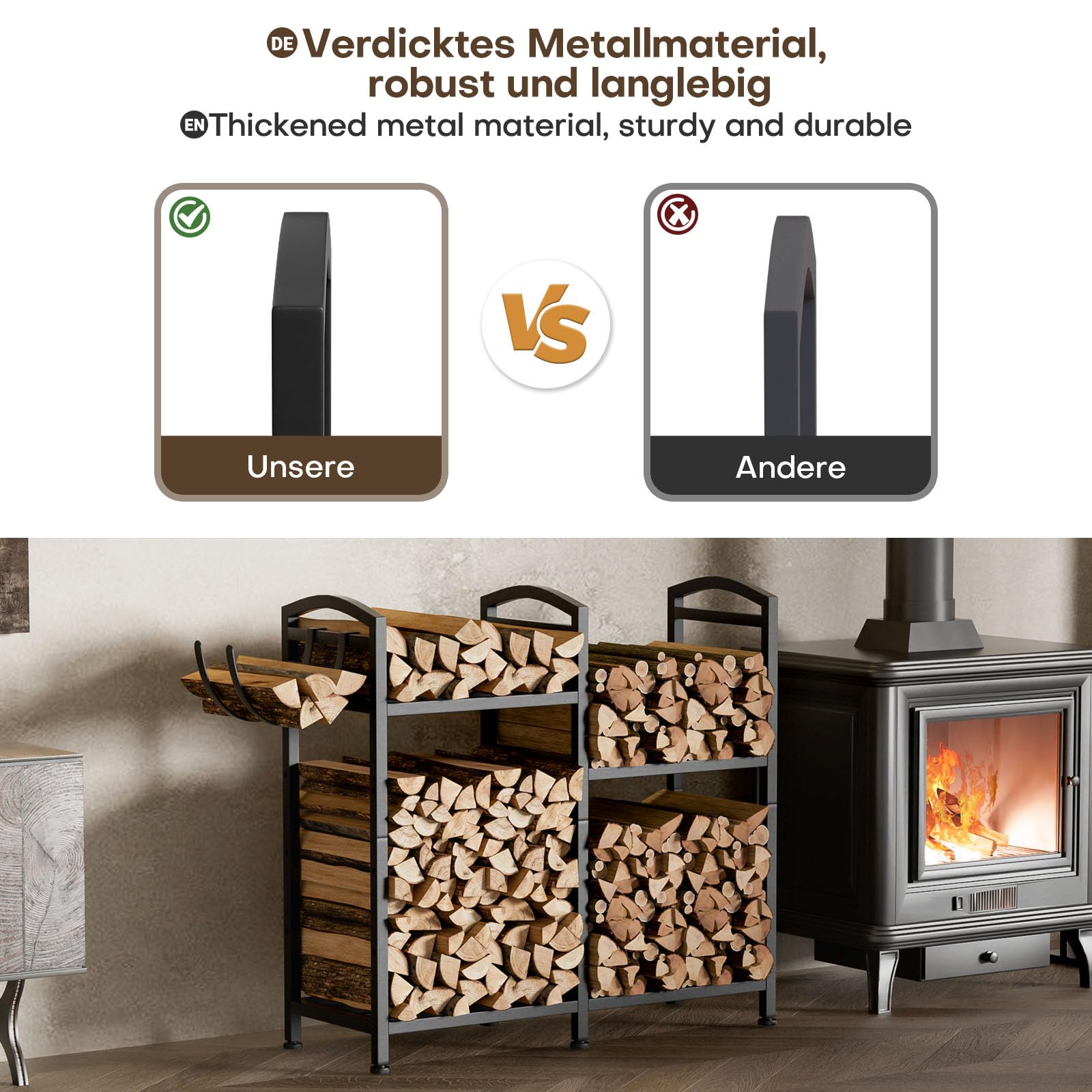 Yorbay Estantería para leña de metal con diseño en capas interior: estantería para leña con ganchos y bolsa para leña – Negro estable almacenamiento de leña exterior – Estantería de metal para