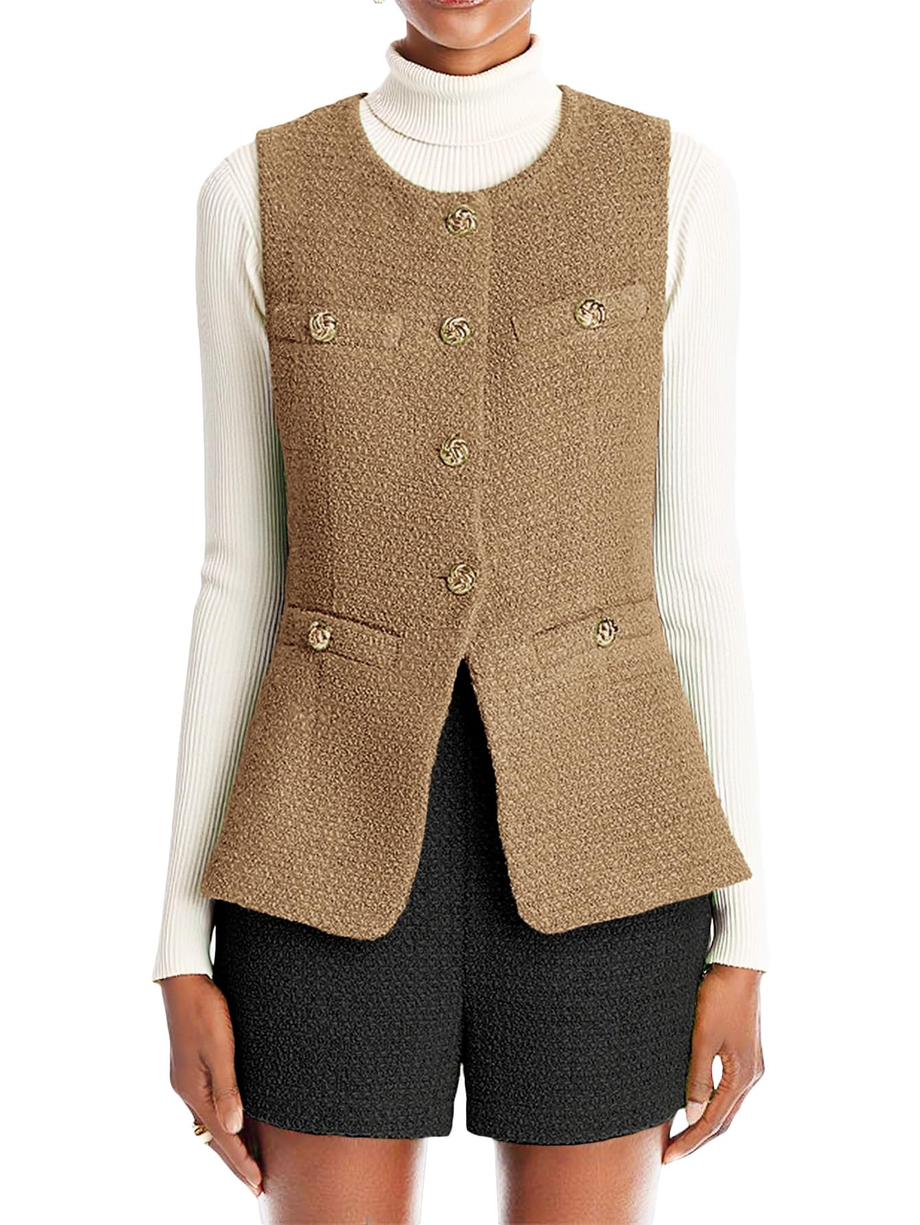 Mina Self Womens 2025 Winter Tweed Plaid Vest Tops - Warm Fully-Lined Sleeveless Trendy Work Casual Long Outerwear