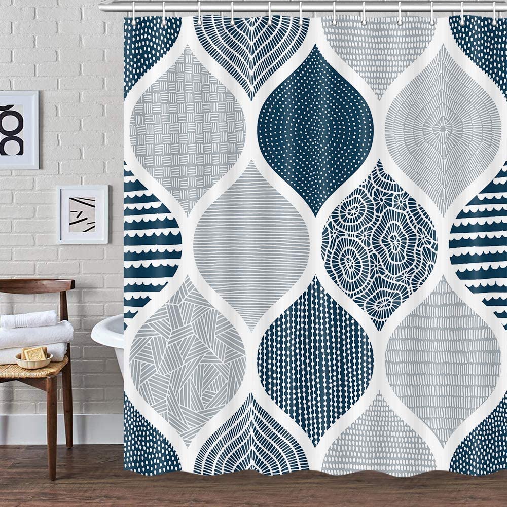 Tenda Doccia In Tessuto Geometrico, Blu E Grigia, 152x183 Cm, Con Ganci, Stile Bohémien Chic