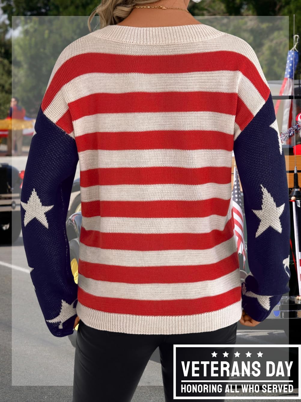 Women American Flag Sweater, Long Sleeve Crew Neck USA Sweatshirt, Lightweight Loose Patriotic Striped Knit Pullover - Image 4
