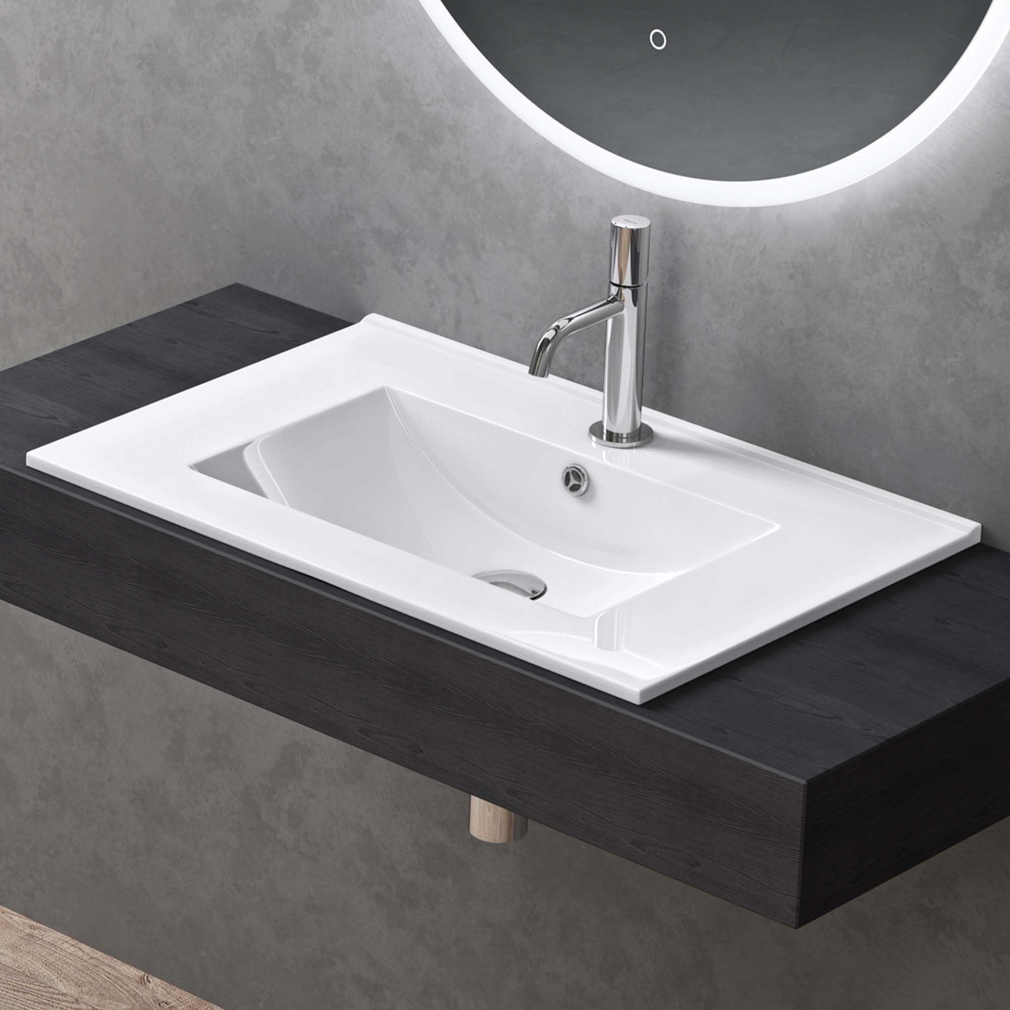 doporro Lavabo à Encastrer Blanc Vasque en Céramique Lave Mains Rectangulaire de Qualité pour Salle de Bain 71x47x18cm Brüssel912