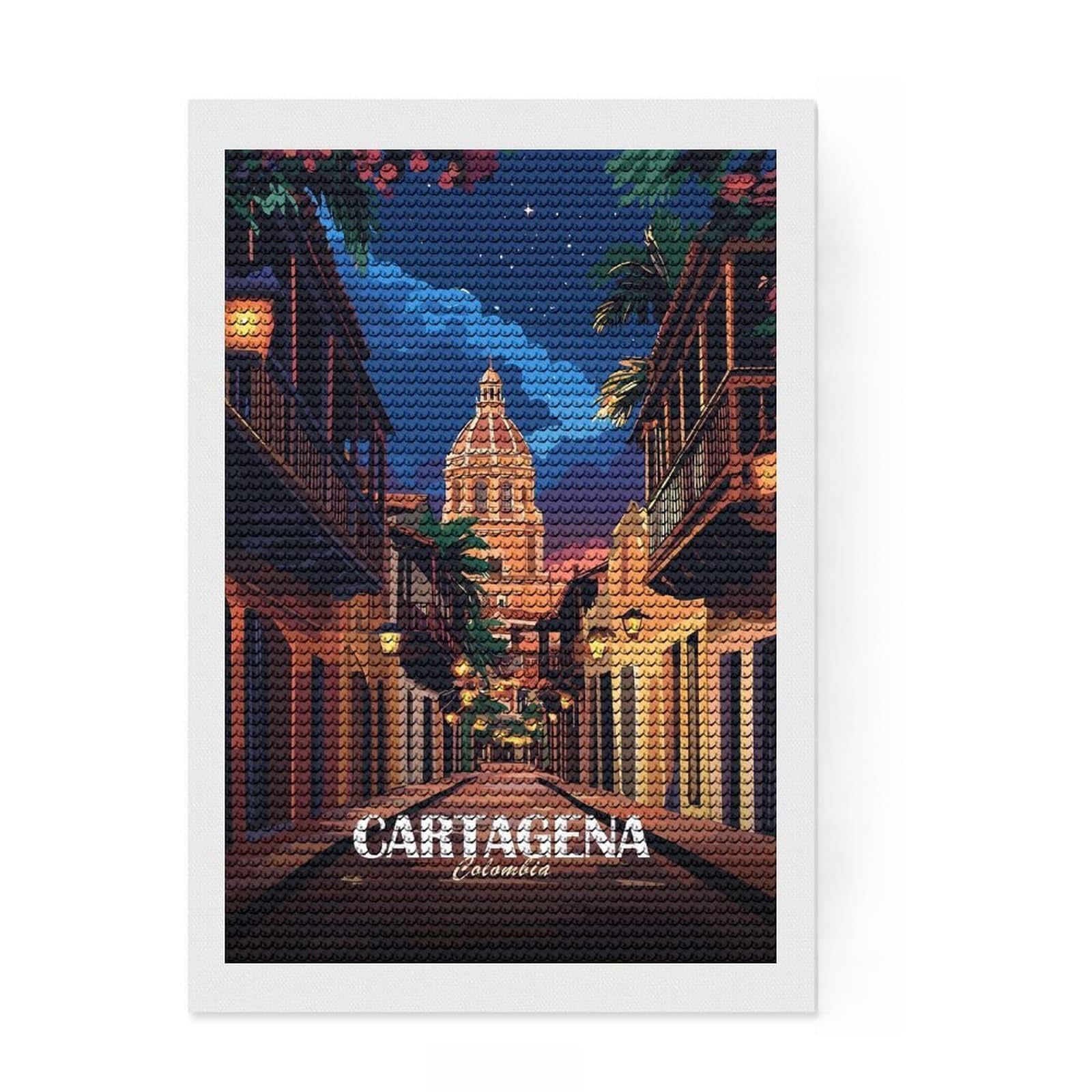 Junmoney Cartagena, Colombia Street at Night Crystal Diamond Art Kit 8"x12", Festive Craft Gift, Aesthetic Room Decor, with Tool Kit, Creative Gift Idea