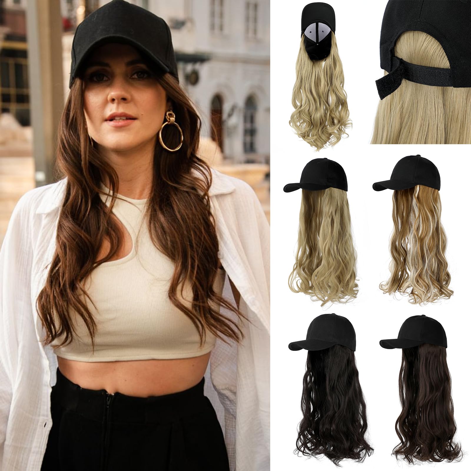 Cephermer Baseball Hat Wig,Hat with Hair attached 24'' Adjustable Black Cap with Long Wavy Synthetic Hair Extensions for Women Girls(Medium Brown)