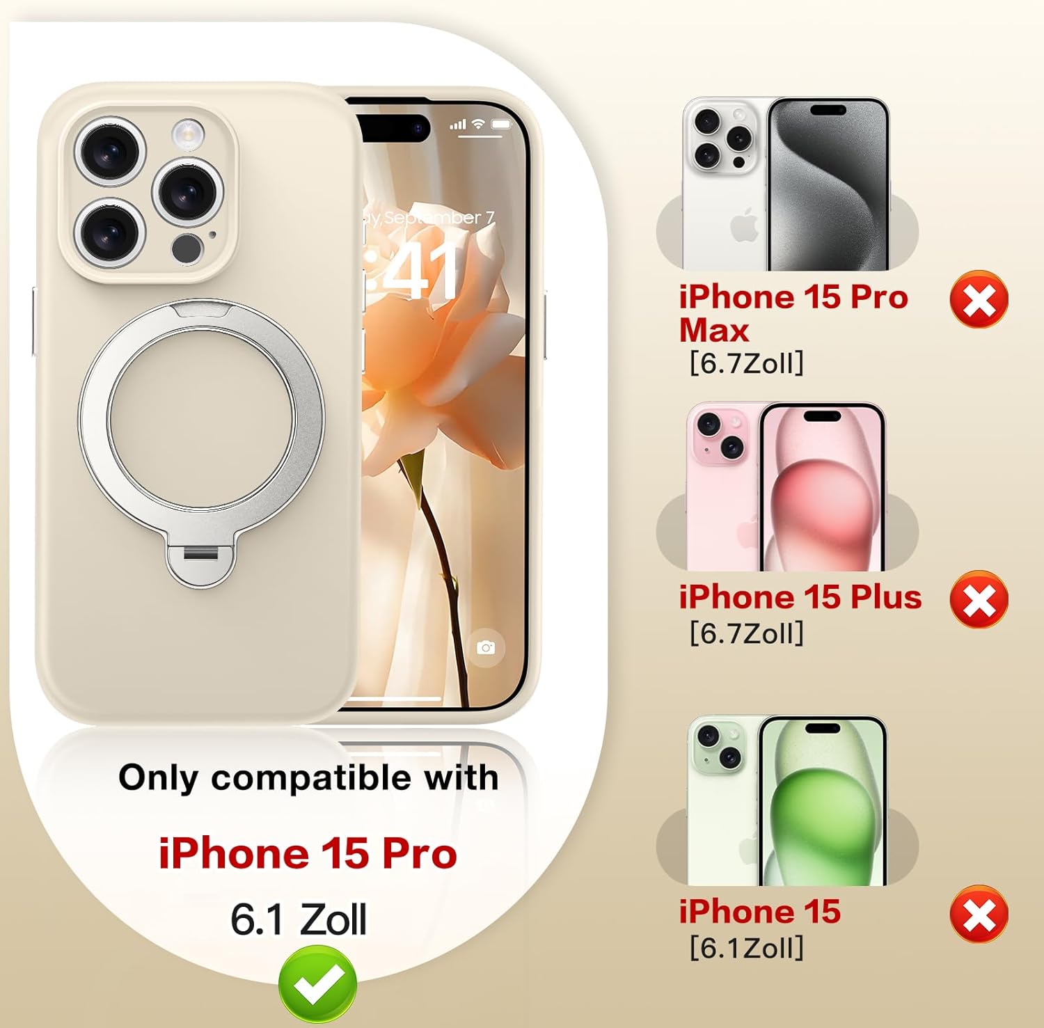 Liquid Silicone for iPhone 15 pro Case with 360° Rotatable Magnetic Ring Stand [Compatible with Magnetic] Upgraded Camera Lens Protection, Mil-Grade Drop Shockproof (White)