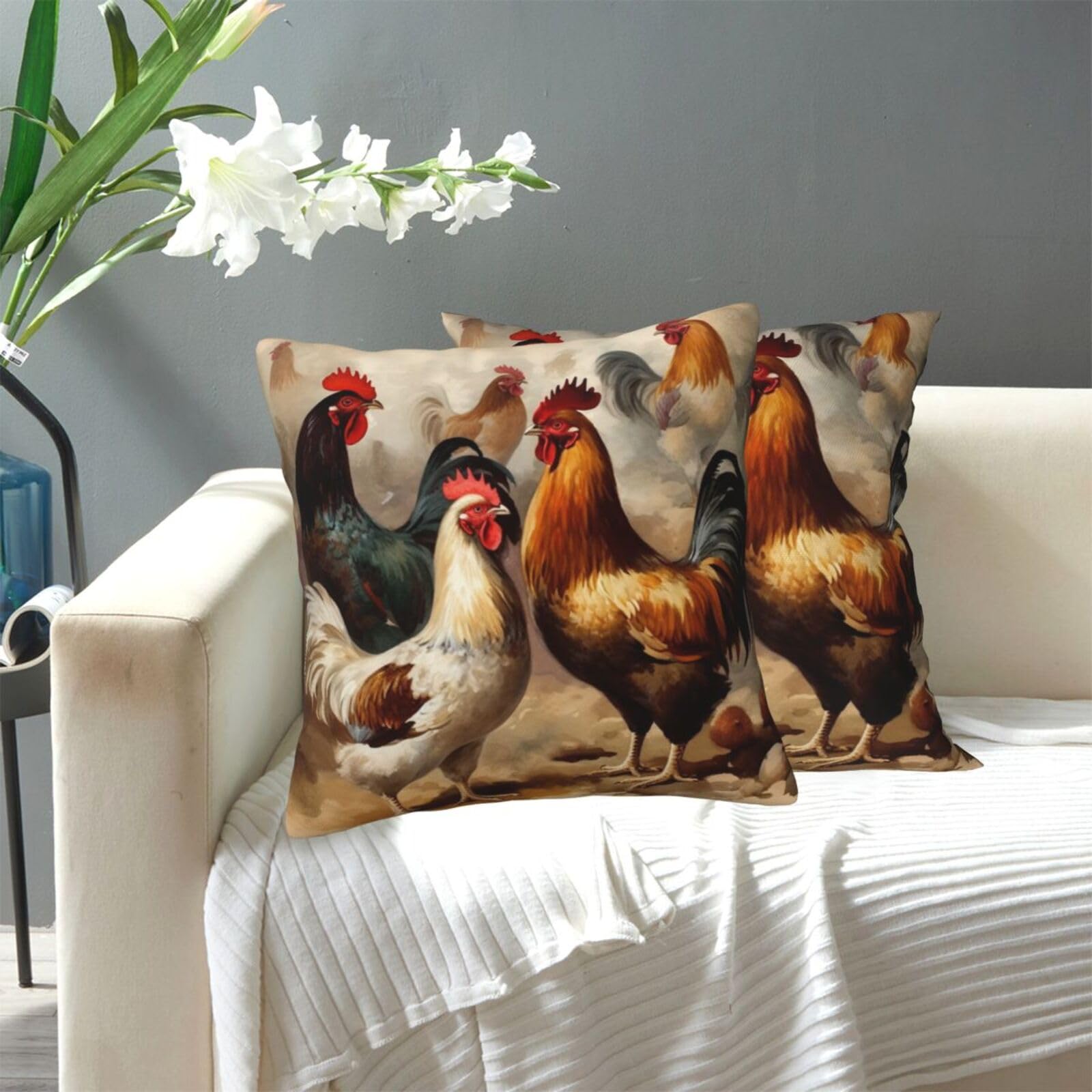 FekiLoot Decorative Throw Pillow Covers Modern Farmhouse Pillowcase Double Sided Cozy Cushion Cover for Sofa Couch Bed 20"X20" Chicken and Rooster Print
