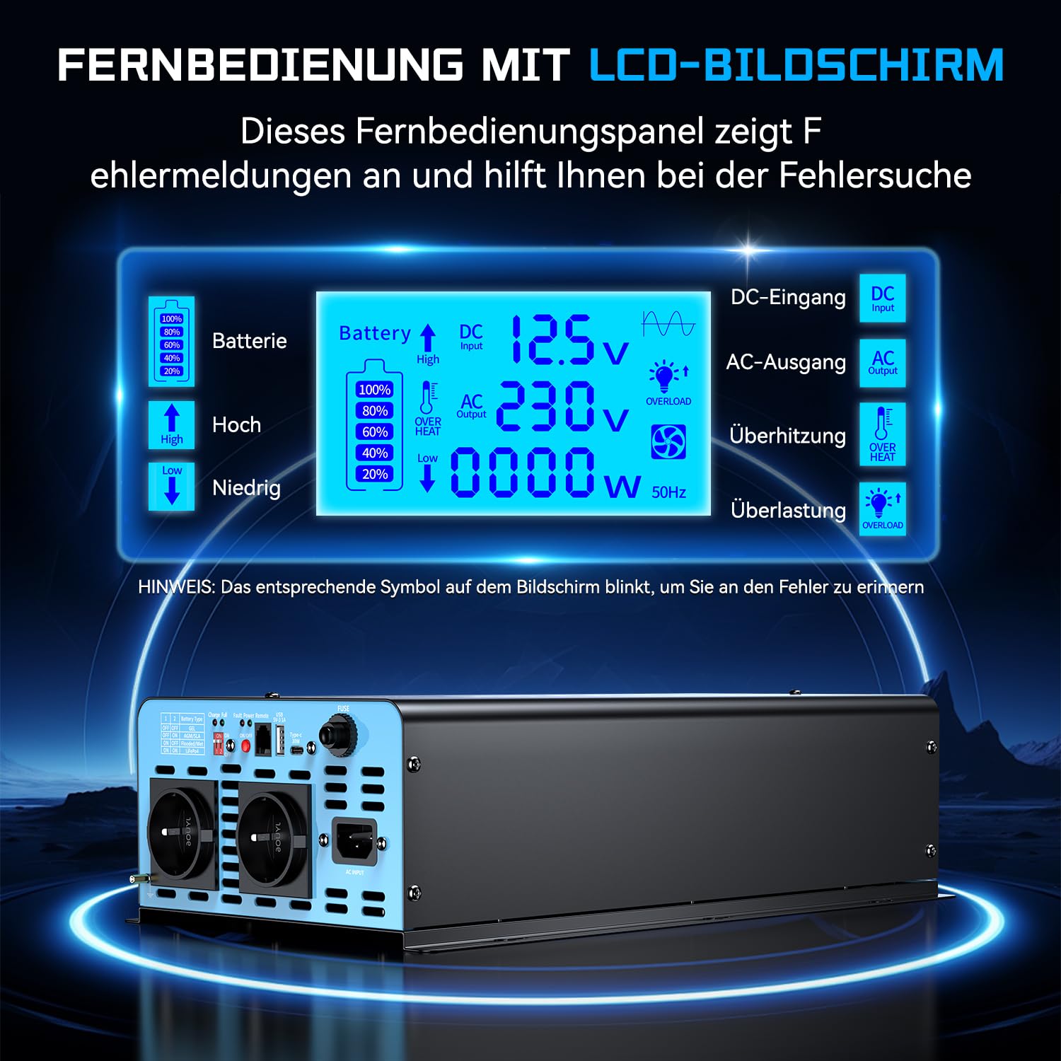 OLTEANP 2000W Wechselrichter12V auf 230V Reiner Sinus,Spannungswandler mit Netzvorrangschaltung und ladefunktion und USV Funktion,Fernbedienung mit LCD-Bildschirm, Automatische Umschaltung für Netz