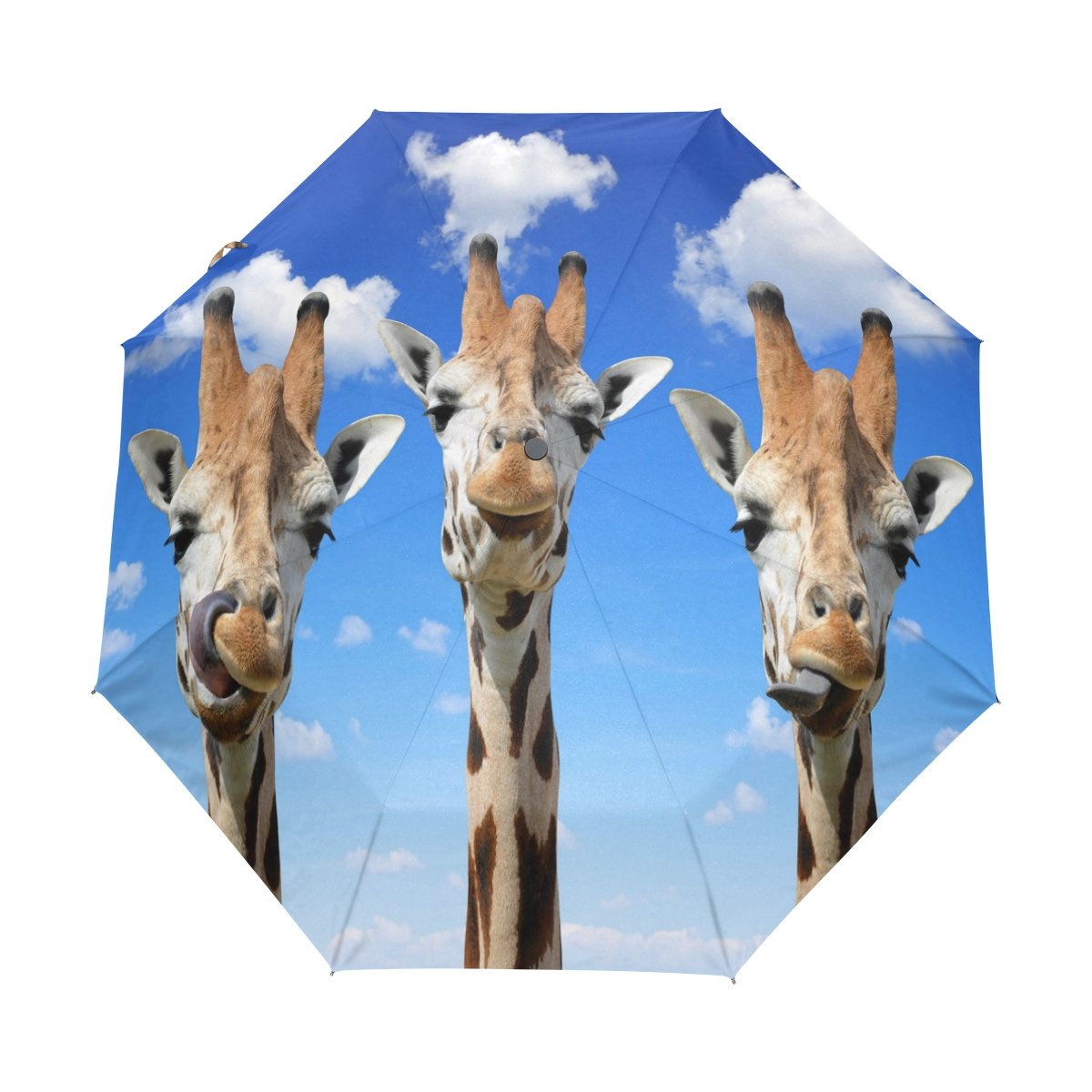 funnyyAutomatic Folding Umbrella Animal Giraffes Blue Sky Auto Open Compact Portable Travel Umbrella for Girls Boys Women