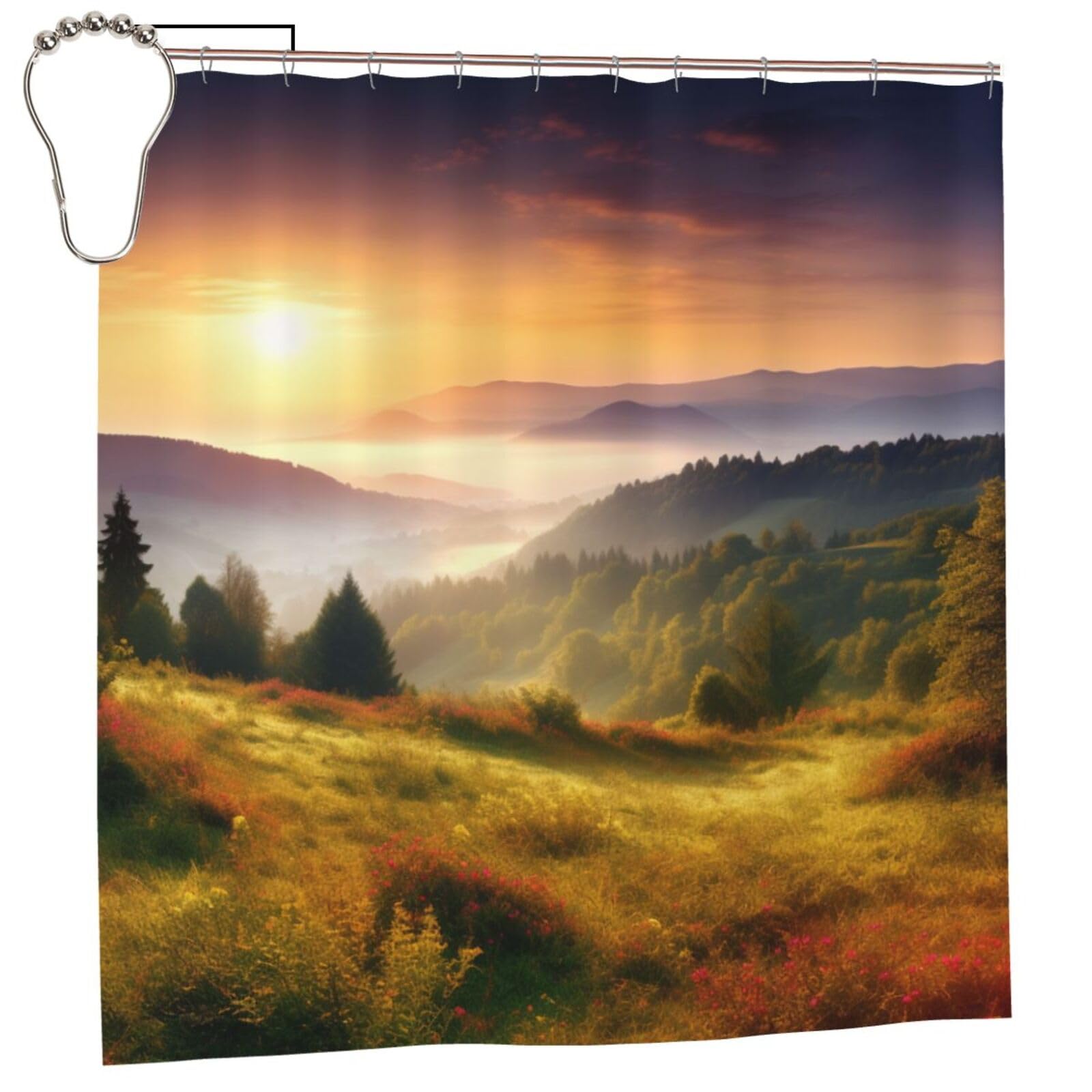 BWWHCCTI Sunrise Nature Scenery Printed Shower Curtain With 12 Iron Hooks Opaque Quick Drying Waterproof Shower Curtains Sets For Bathroom 183x183 CM