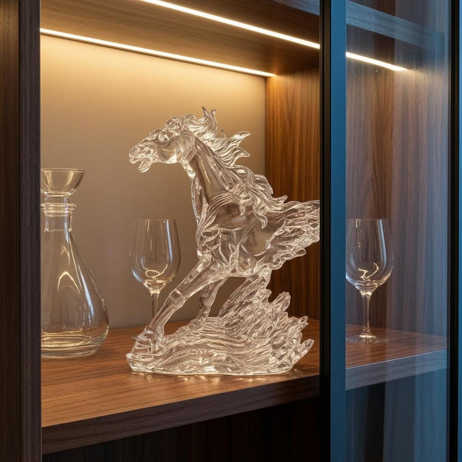 F Fityle Estatua Caballo Resina Escultura Figurilla Ornamento Decorativo Aspecto Similar al Cristal con Postura Erguida y Detalle en la Peana Adecuada para Sala Oficina Entrada Estanterías, Gris